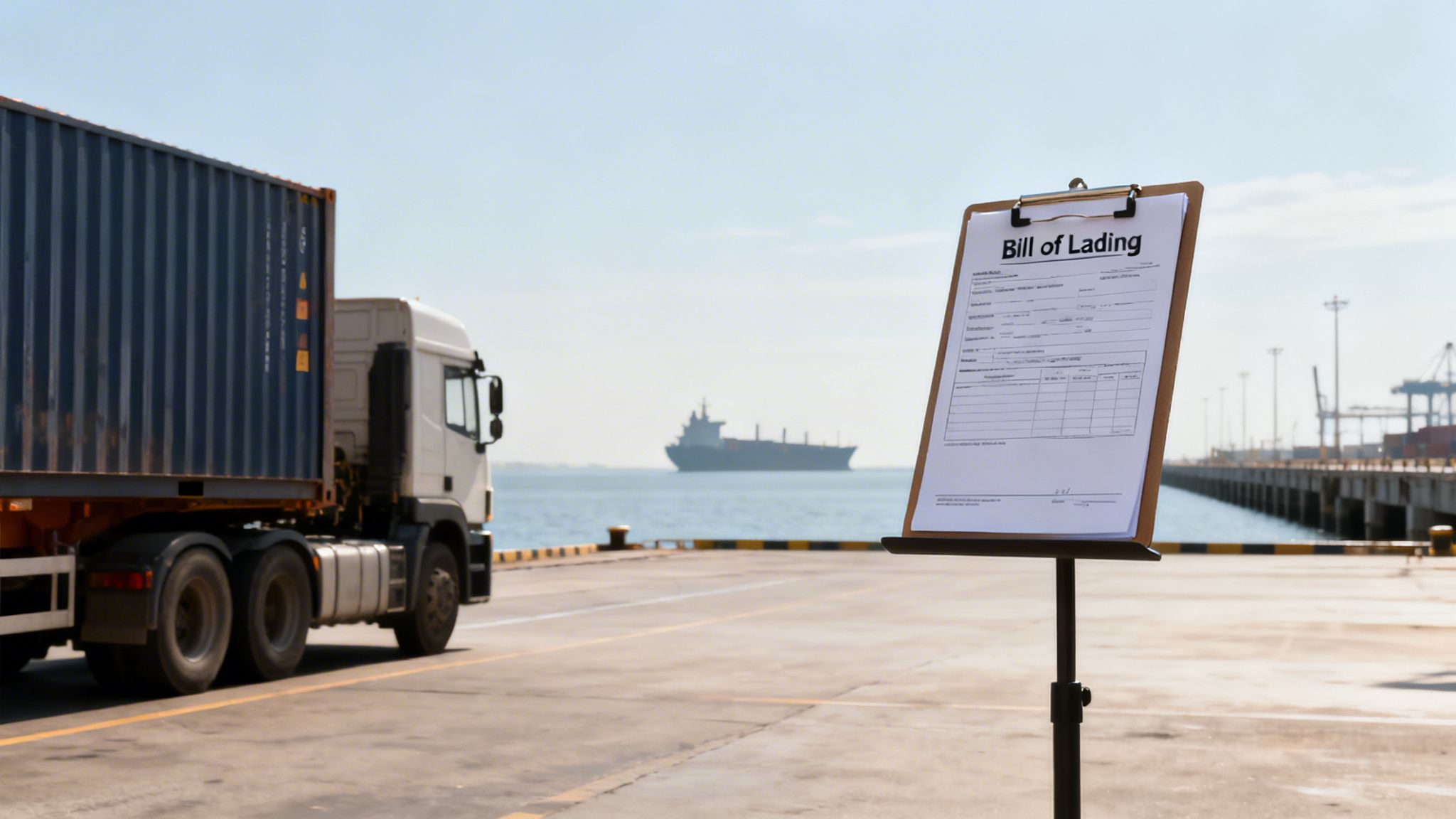A bill of lading document at a bustling port with a container truck and cargo ship.