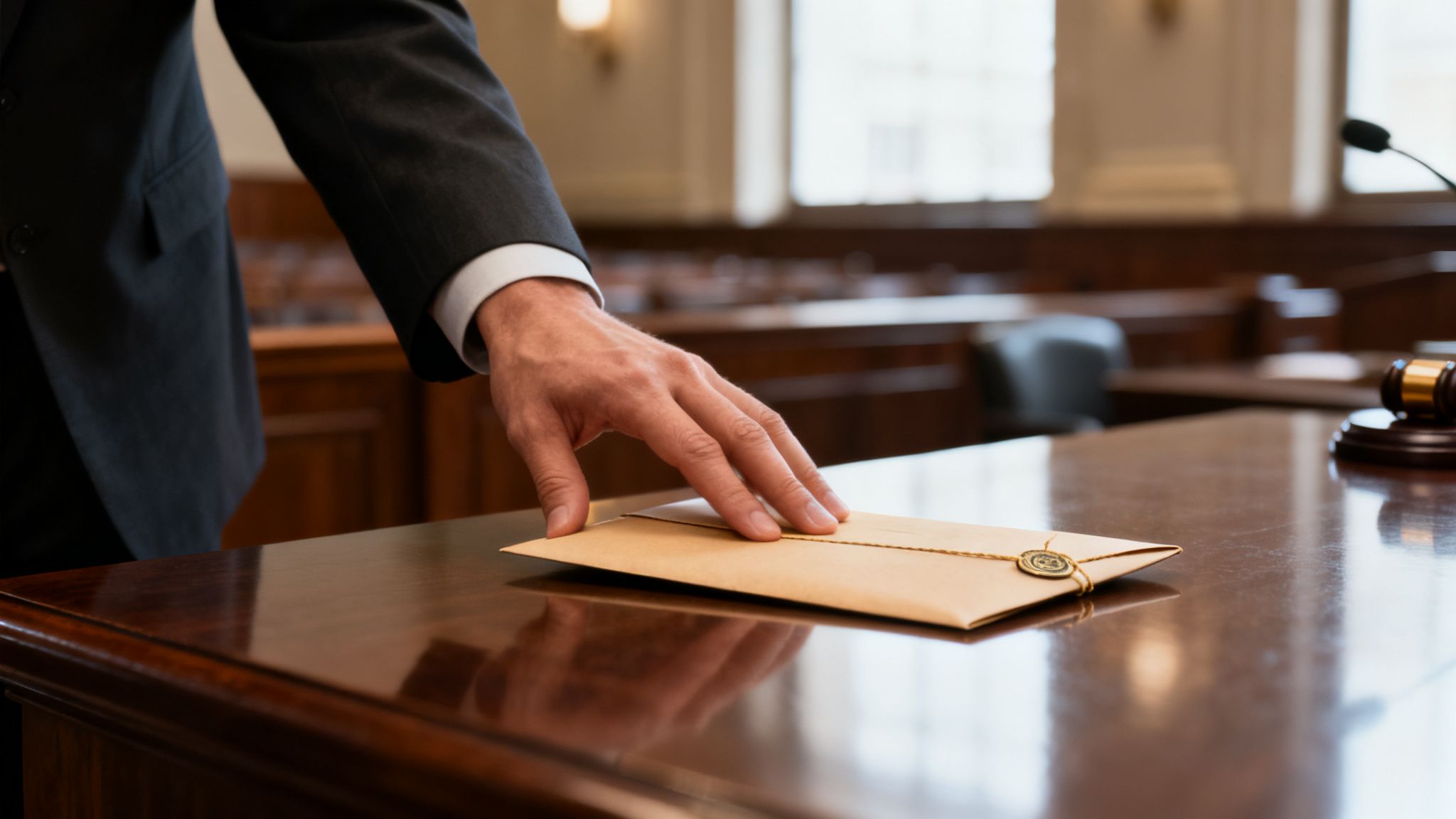 A lawyer's hand places a wax-sealed envelope on a polished wooden courtroom desk.
