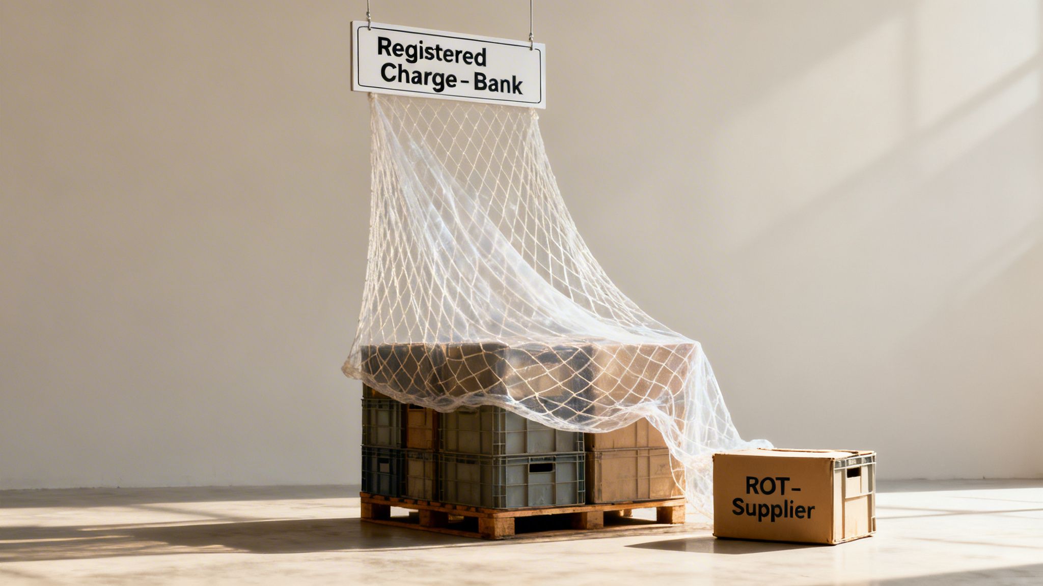 An art installation featuring a 'Registered Charge-Bank' sign, a net, stacked boxes, and a 'ROT-Supplier' box.