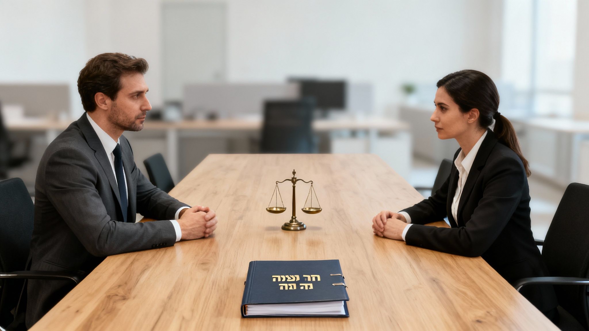 גבר ואישה יושבים זה מול זו סביב שולחן, עם מאזני צדק ותיק משפטי במרכז.