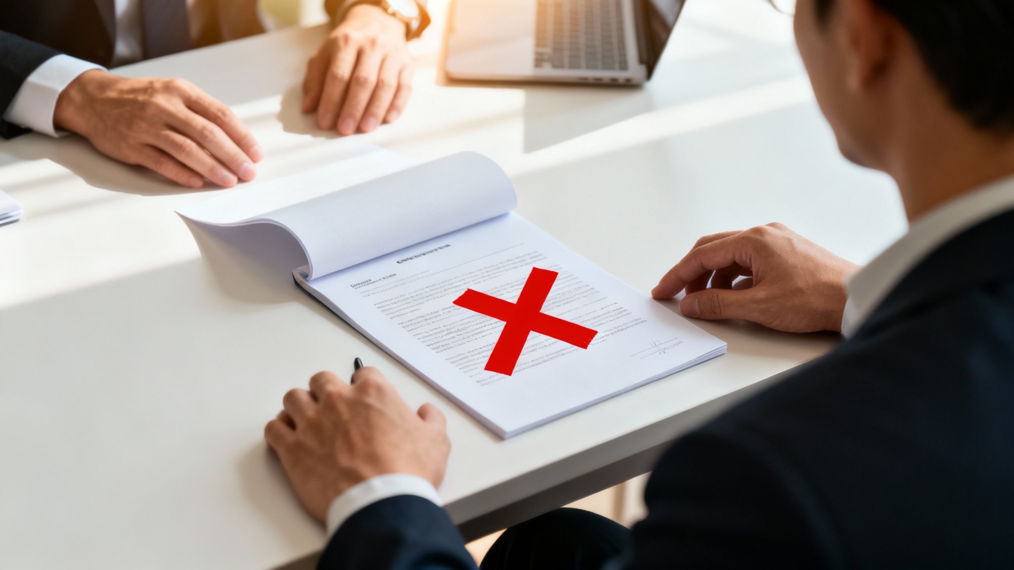 שני אנשים יושבים ליד שולחן, מסמך פתוח עם סימן X אדום בולט, המעיד על דחייה.