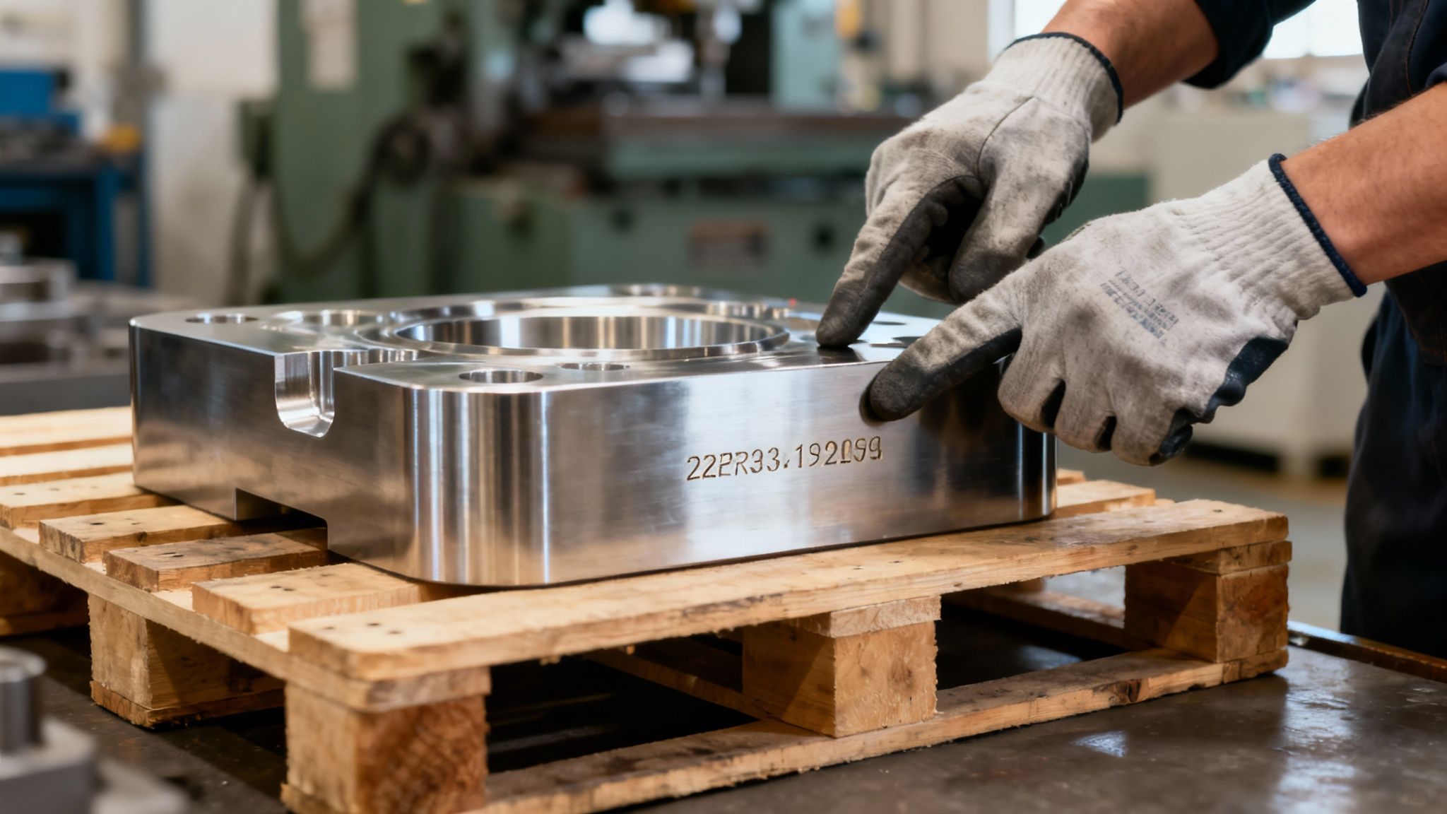 Gloved hands point to a serial number on a shiny metal industrial part resting on a wooden pallet.