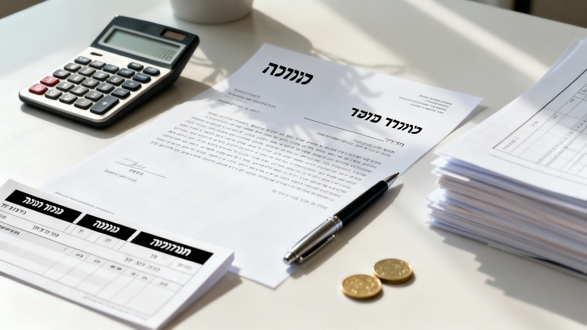 שולחן עבודה עם מחשבון, מסמכים בעברית, עט ושני מטבעות זהב, המרמז על ניהול כספים או חשבונות.