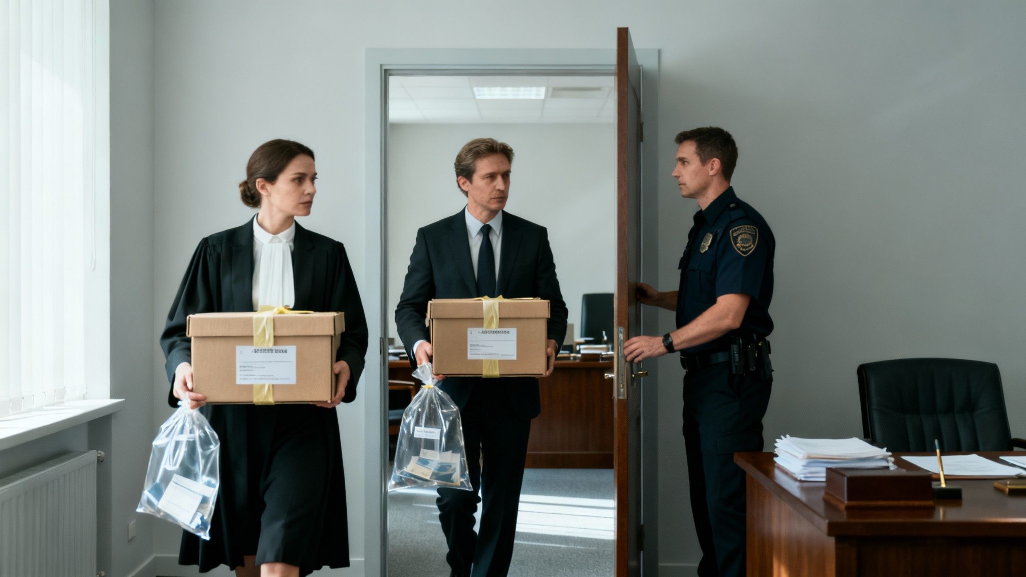 A lawyer and a businessman carry evidence boxes and bags into an office while a police officer opens the door.