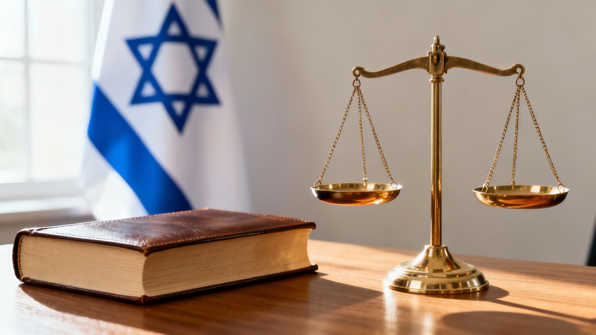A gold justice scale and a brown leather book rest on a wooden desk with an Israeli flag.