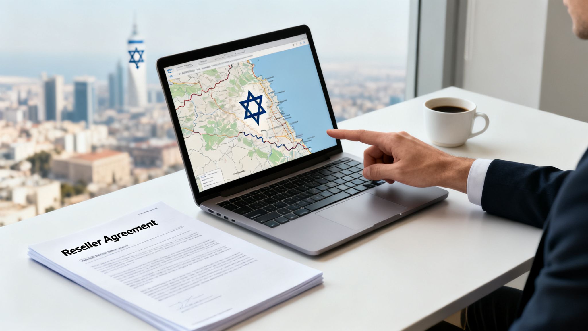 A person points at a laptop displaying Israel's map and flag, with a 'Reseller Agreement' document nearby, overlooking a city skyline.