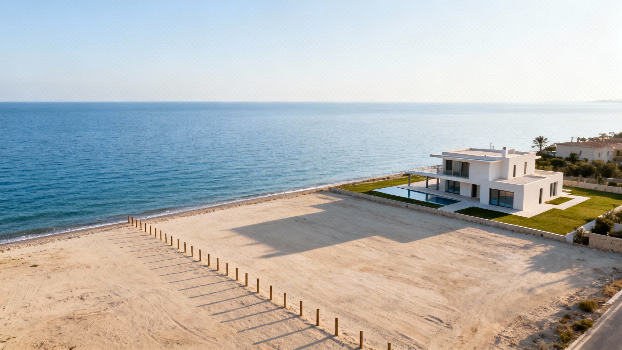 A modern white house with a swimming pool directly on a sandy beach next to the blue sea.