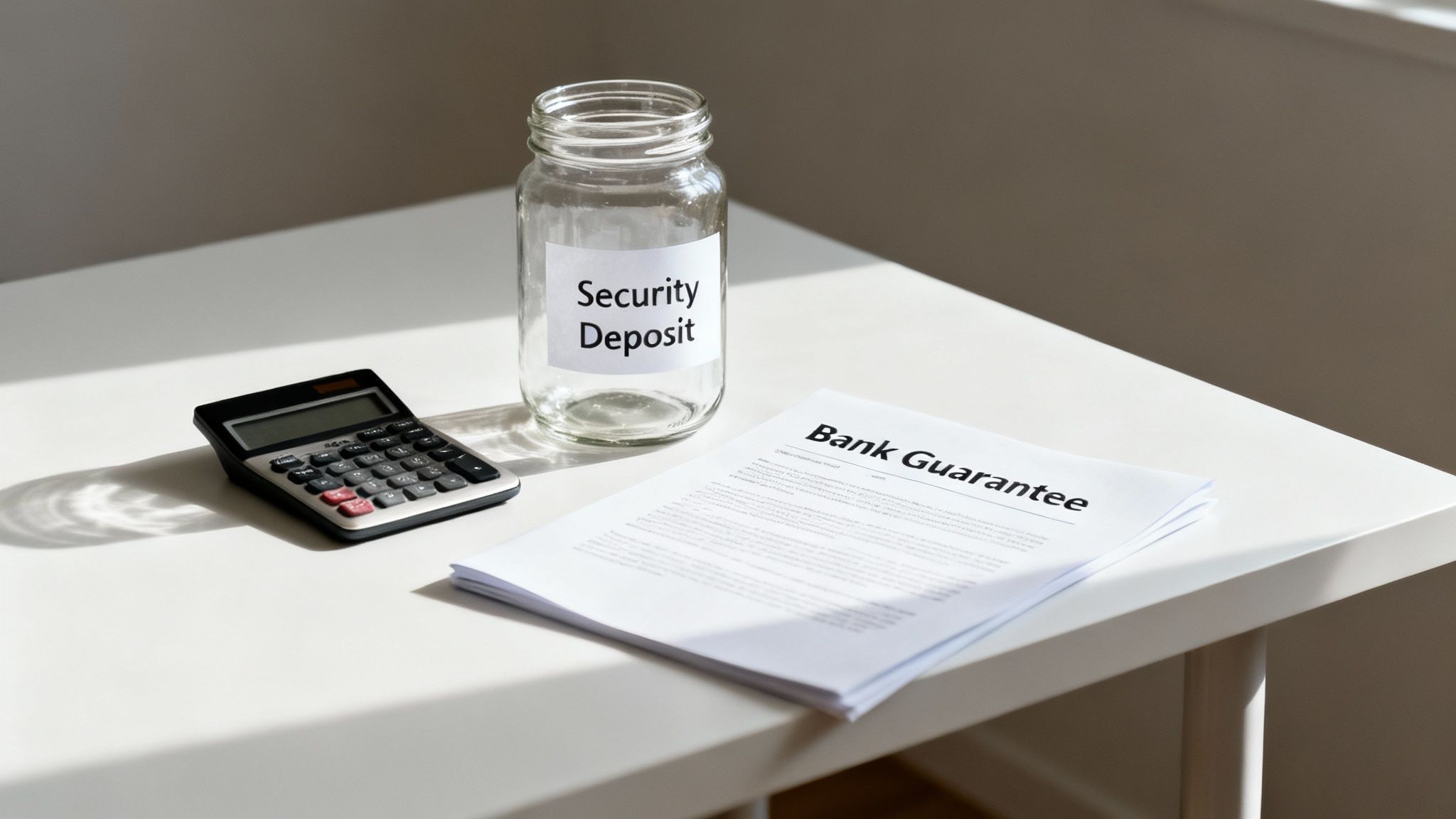A calculator, a jar labeled 'Security Deposit', and 'Bank Guarantee' documents on a white table.