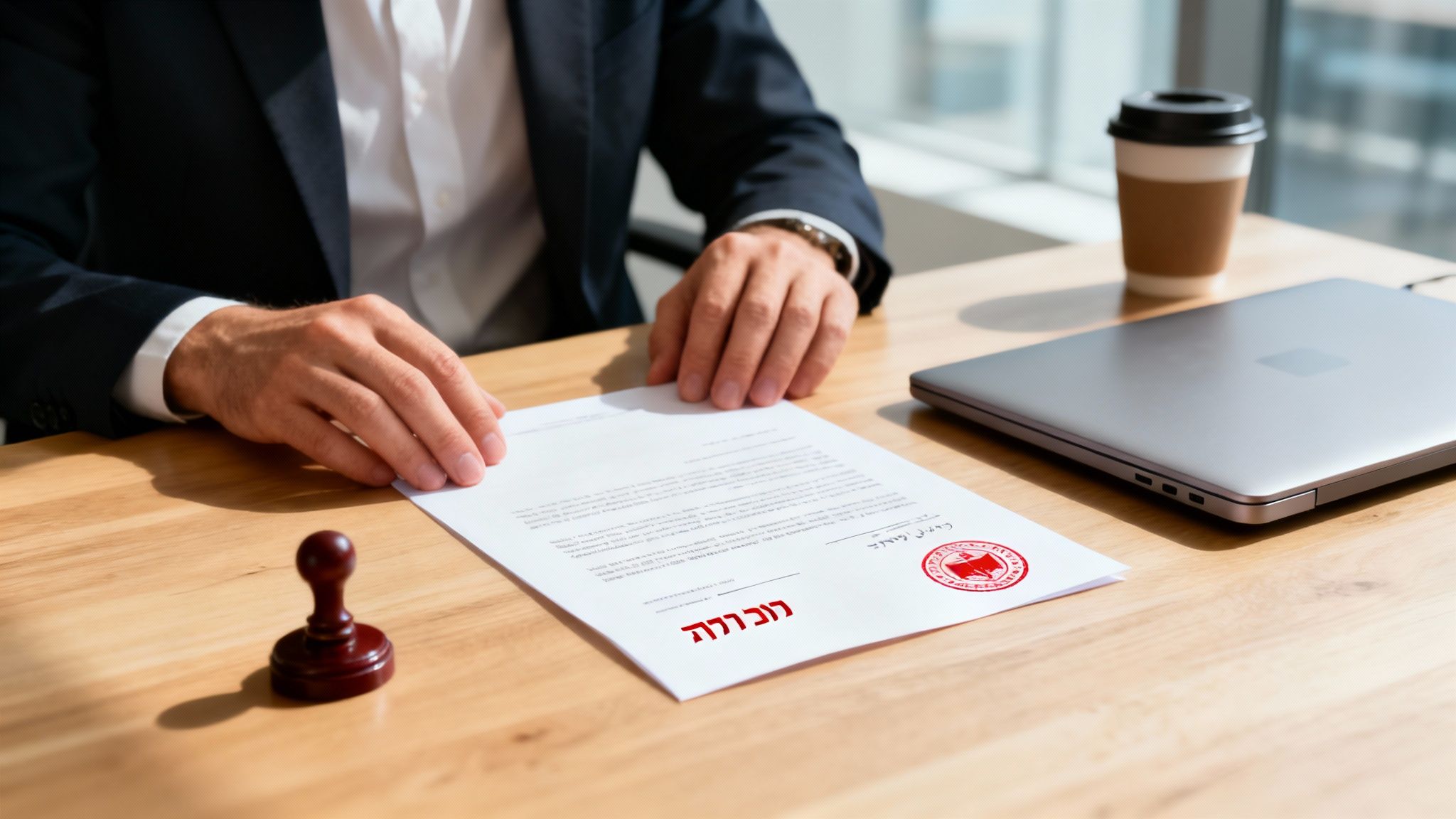 עורך דין בחליפה יושב ליד שולחן עם מסמך משפטי וחותמת, בוחן מסמך ביטול פסק דין