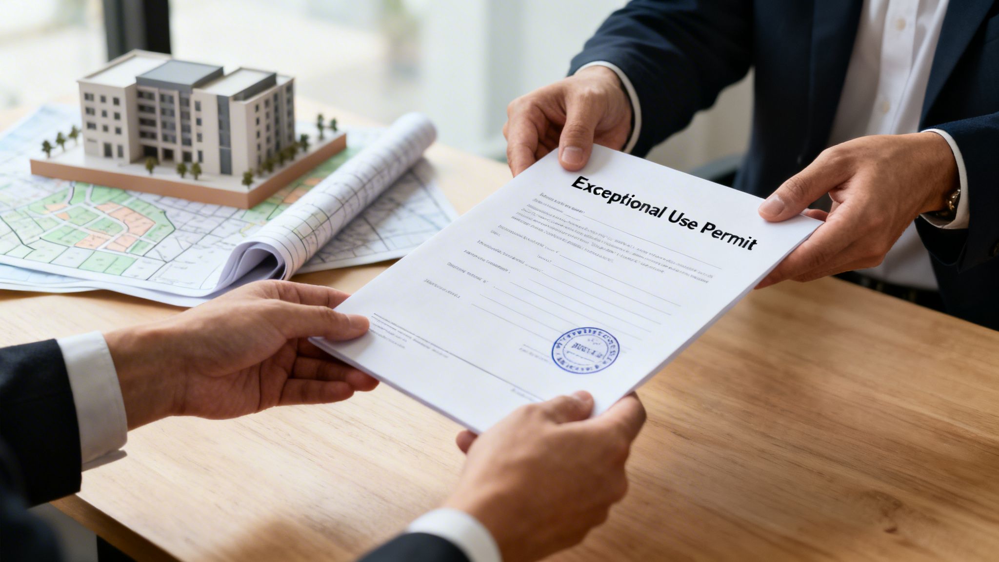 Two business people exchange an 'Exceptional Use Permit' document with building plans and a model on the table.