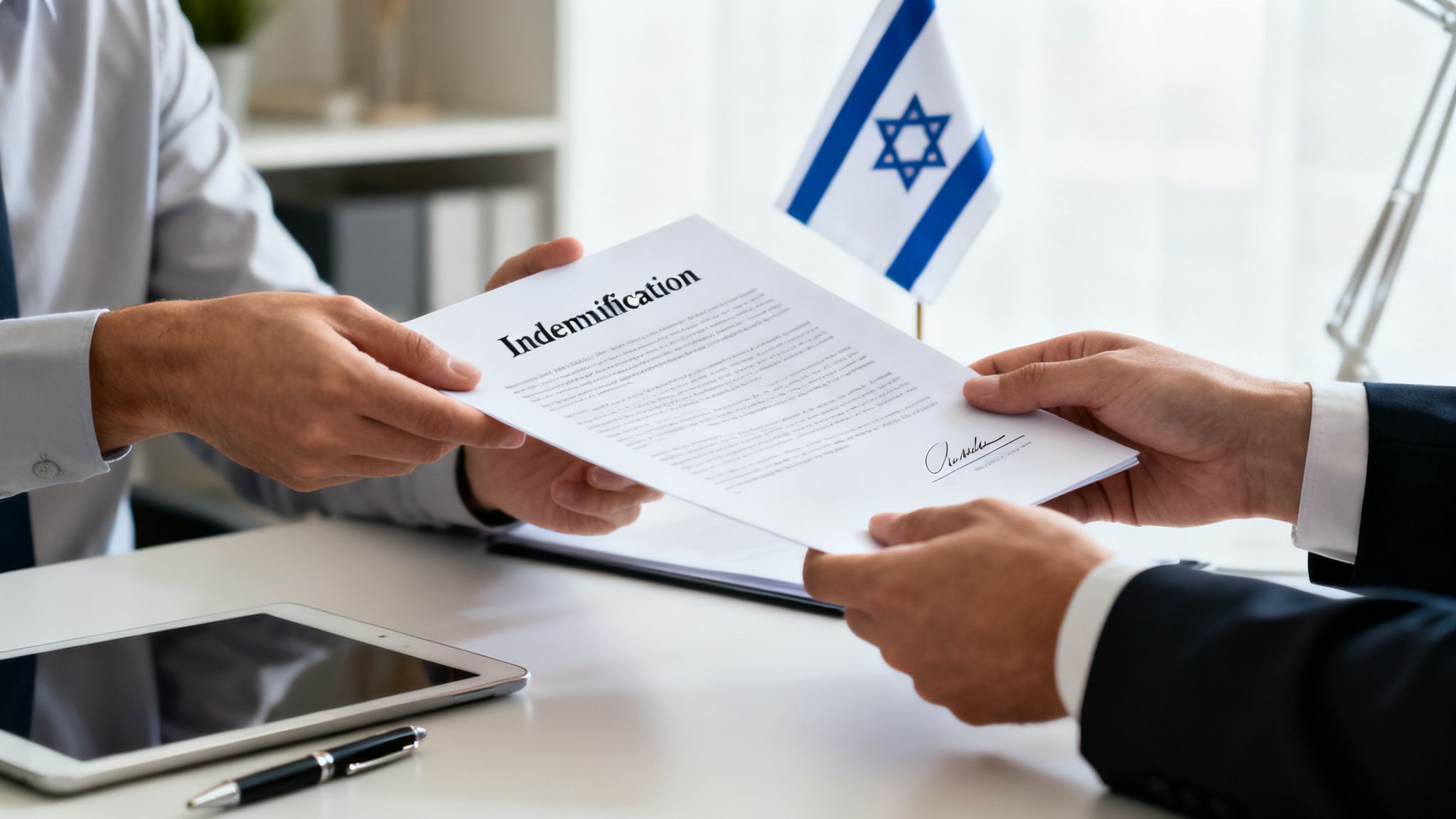 Two business professionals exchanging an indemnification document with an Israeli flag in the background.