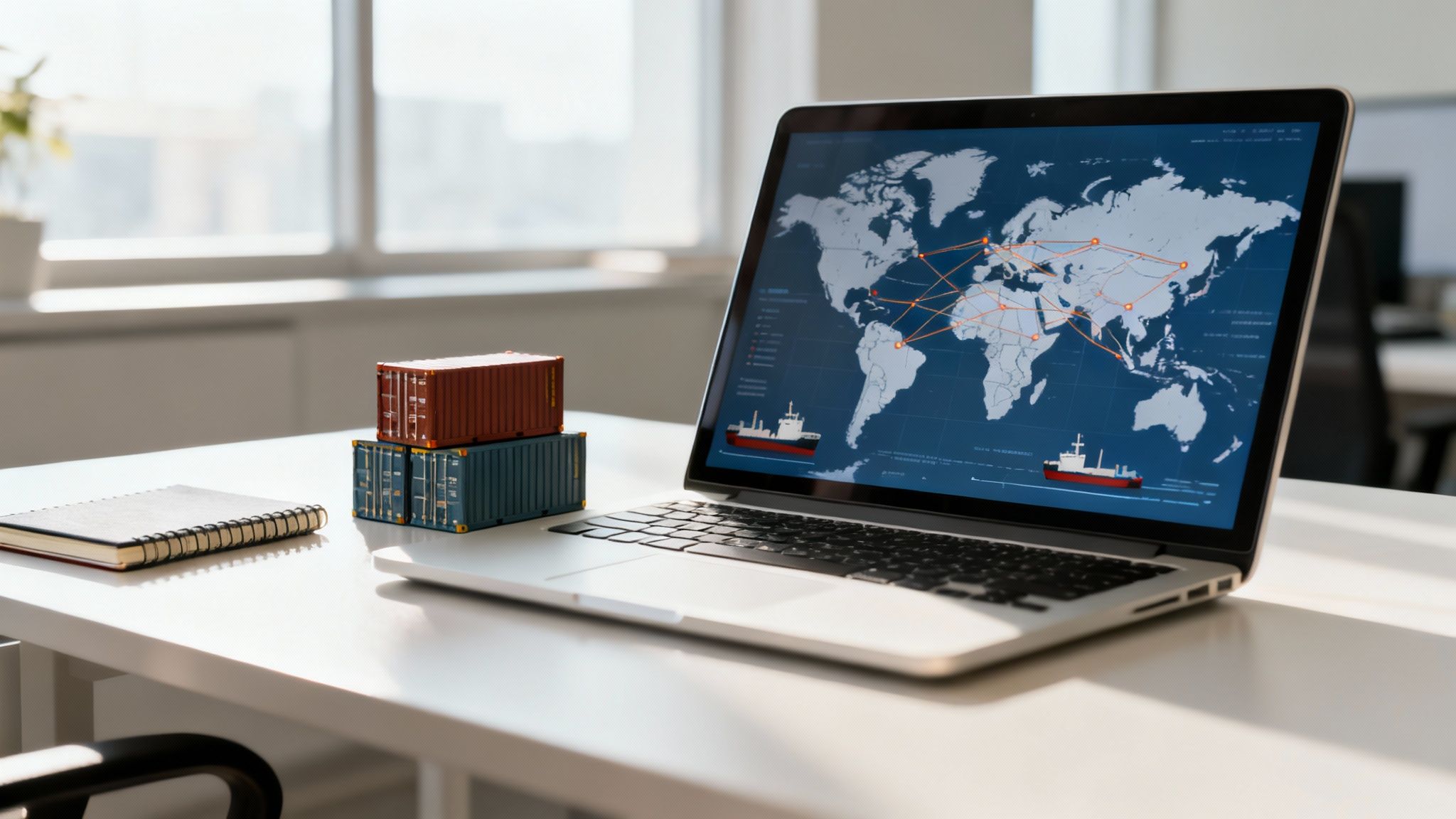 Laptop displaying global shipping routes and container ships, with miniature containers and notebook on a desk.