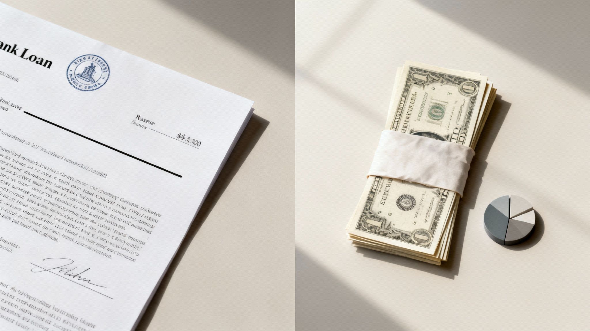 A bank loan document is shown next to a stack of cash and a financial pie chart.