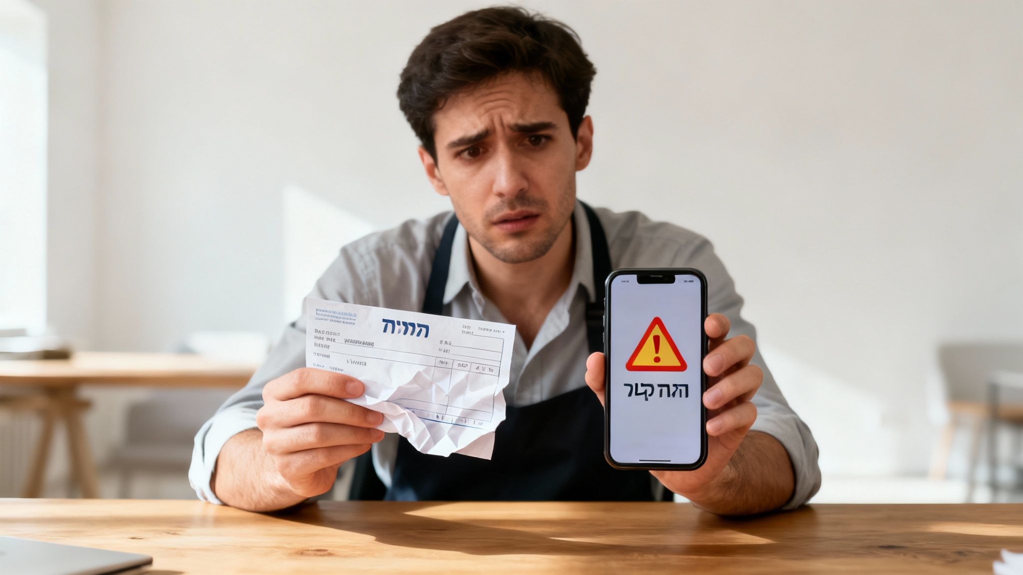 גבר מודאג מציג חשבון מוגבל ומסך טלפון עם סימן אזהרה והטקסט 'חשבון קפוא'