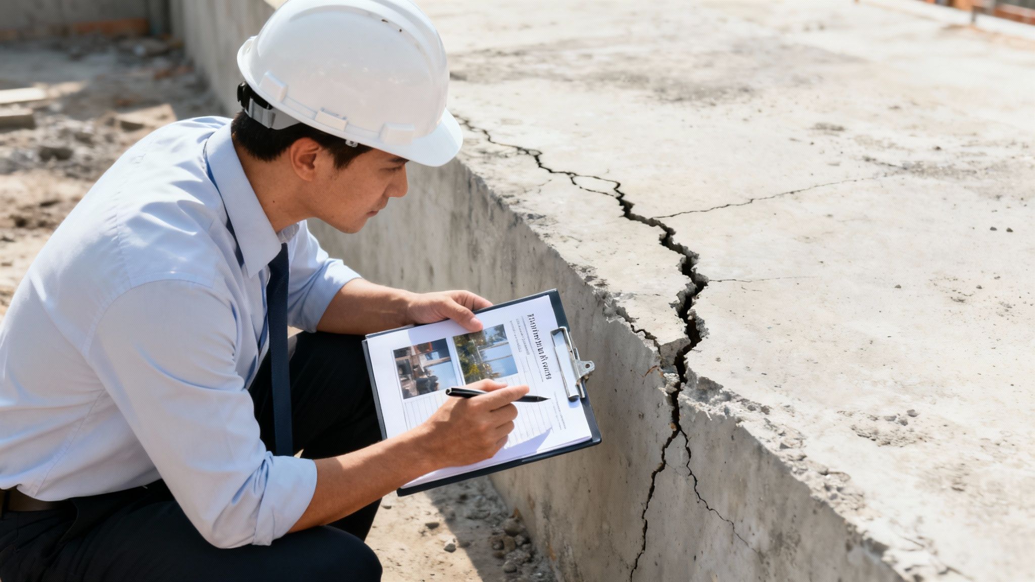 An engineer in a hard hat inspects a large crack in a concrete wall, documenting findings.