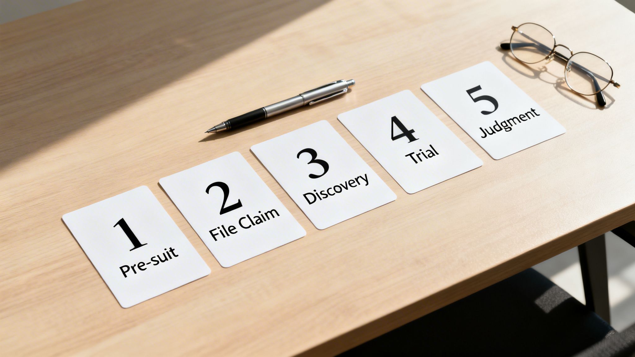 Five cards outlining legal process steps on a wooden table with a pen and glasses.