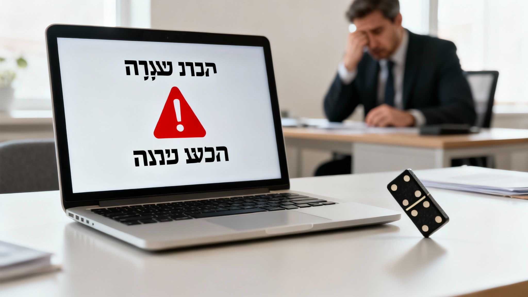 מחשב נייד מציג הודעת שגיאה בעברית, גבר מתוח ברקע ואבן דומינו נופלת, מסמלים קשיים פיננסיים.