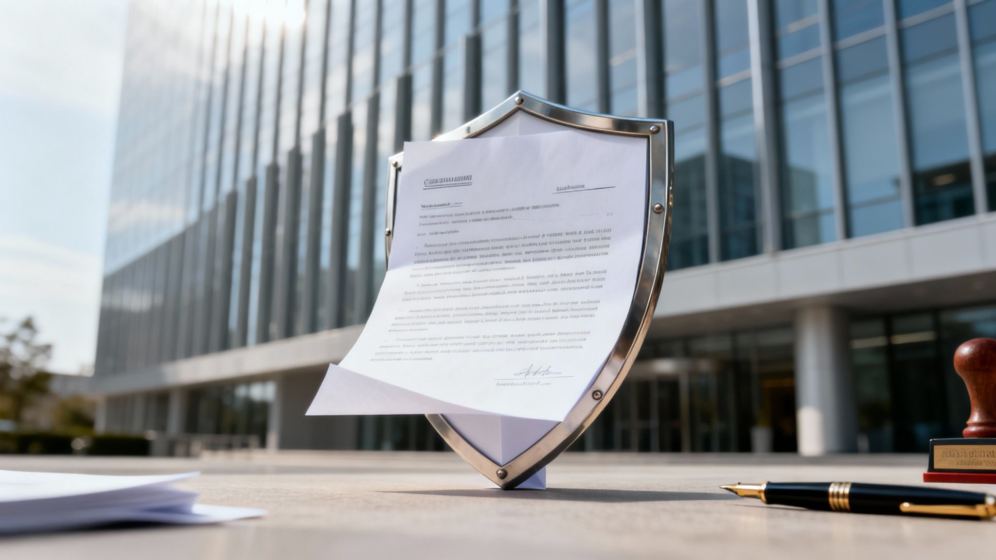 A document secured by a metallic shield, with a pen and stamp on a table outdoors.