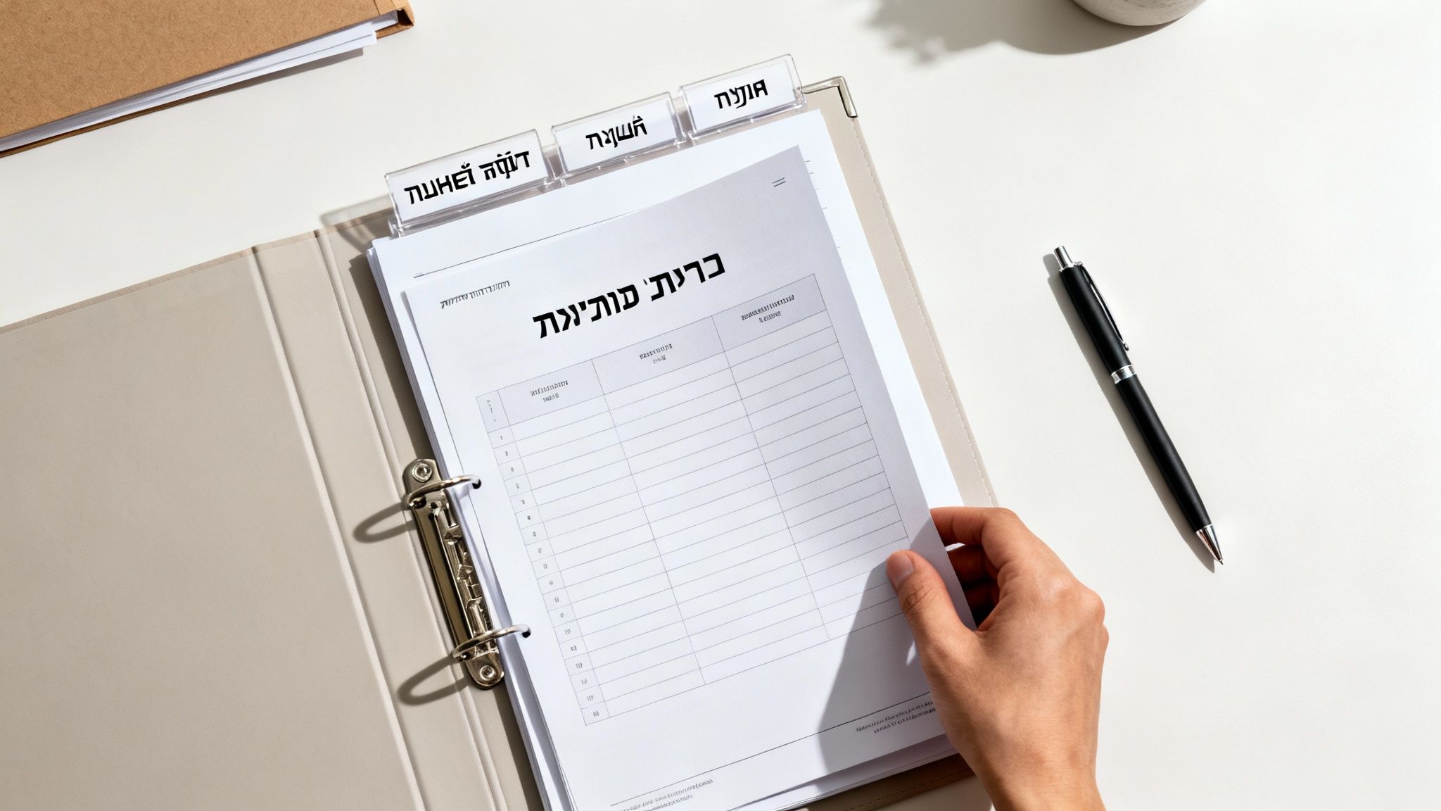 תמונת מבט עילי על יד הפותחת קלסר משרדי עם מסמכים בעברית מחולקים בלשוניות, ועט על השולחן.