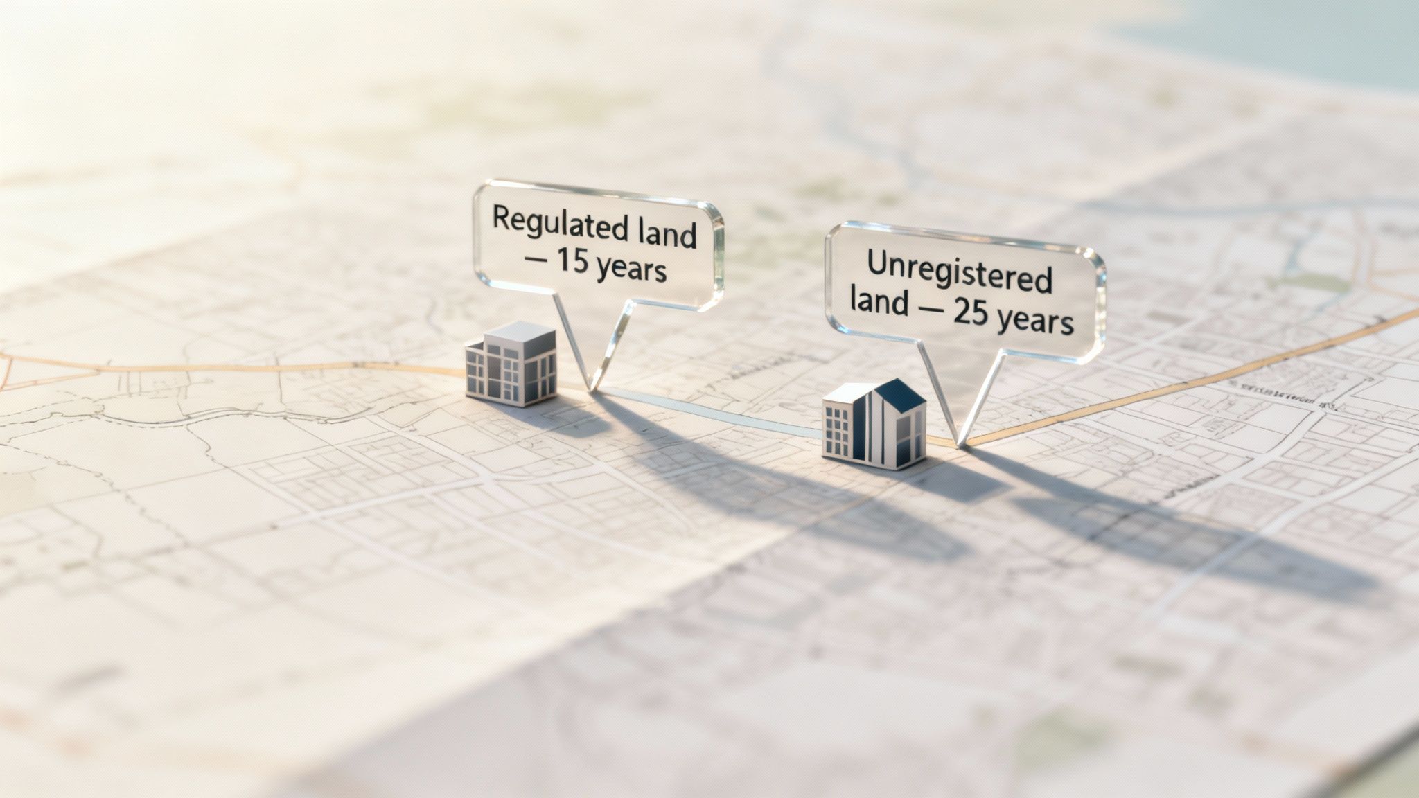 Two miniature buildings on a map illustrate different land regulation timeframes, 15 and 25 years.