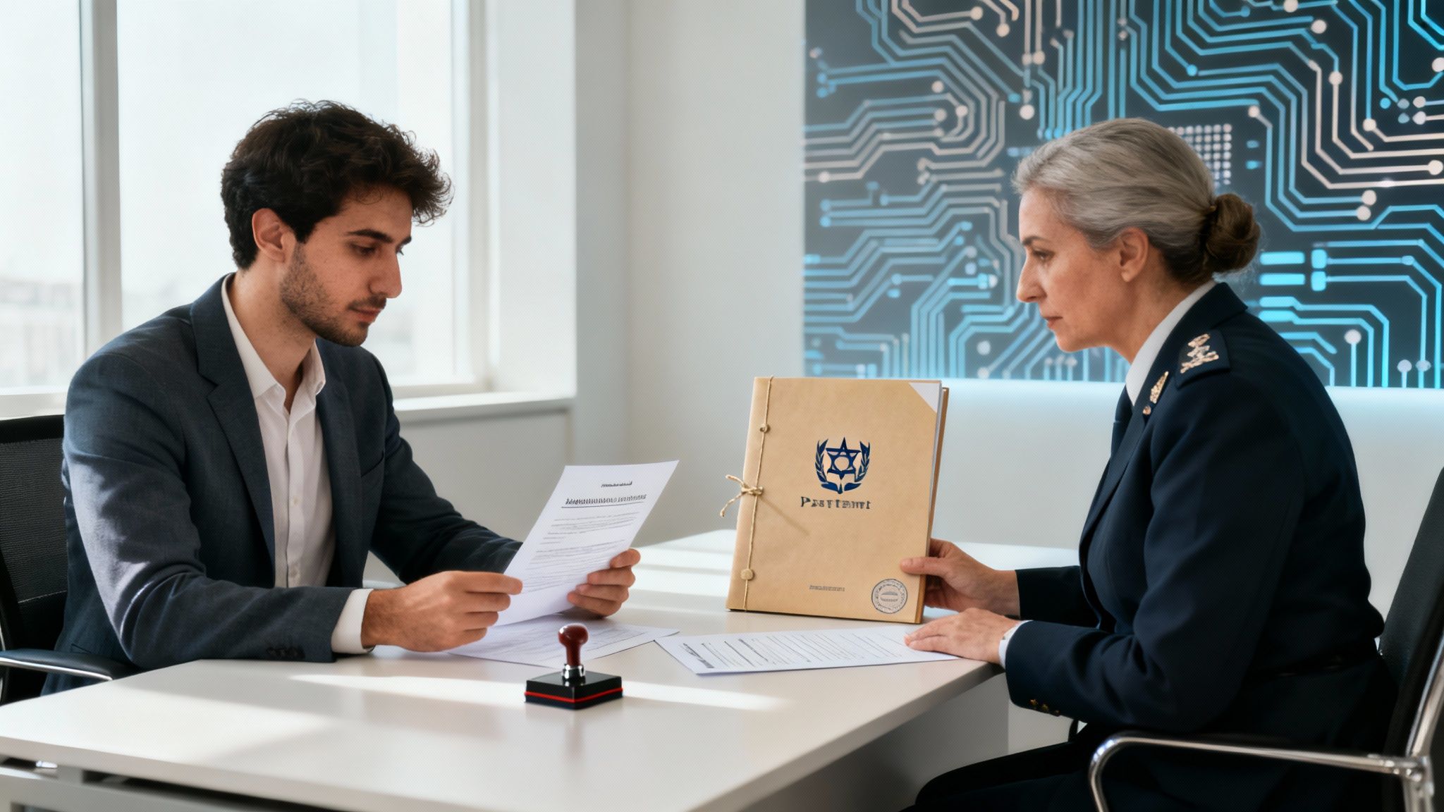 A man and a uniformed woman discuss documents and a folder with an Israeli emblem in an office.