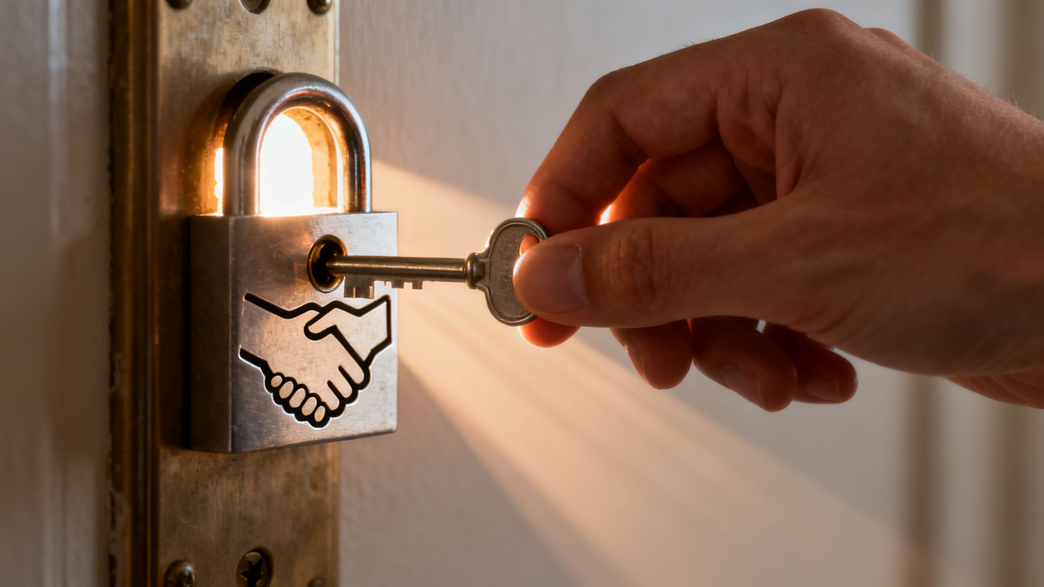 A hand inserts a metallic key into a padlock engraved with a handshake symbol, illuminated by bright light.