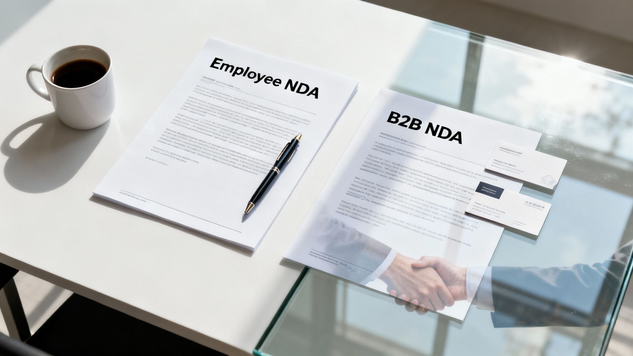 Non-disclosure agreements for employees and B2B deals on a white office desk with coffee.