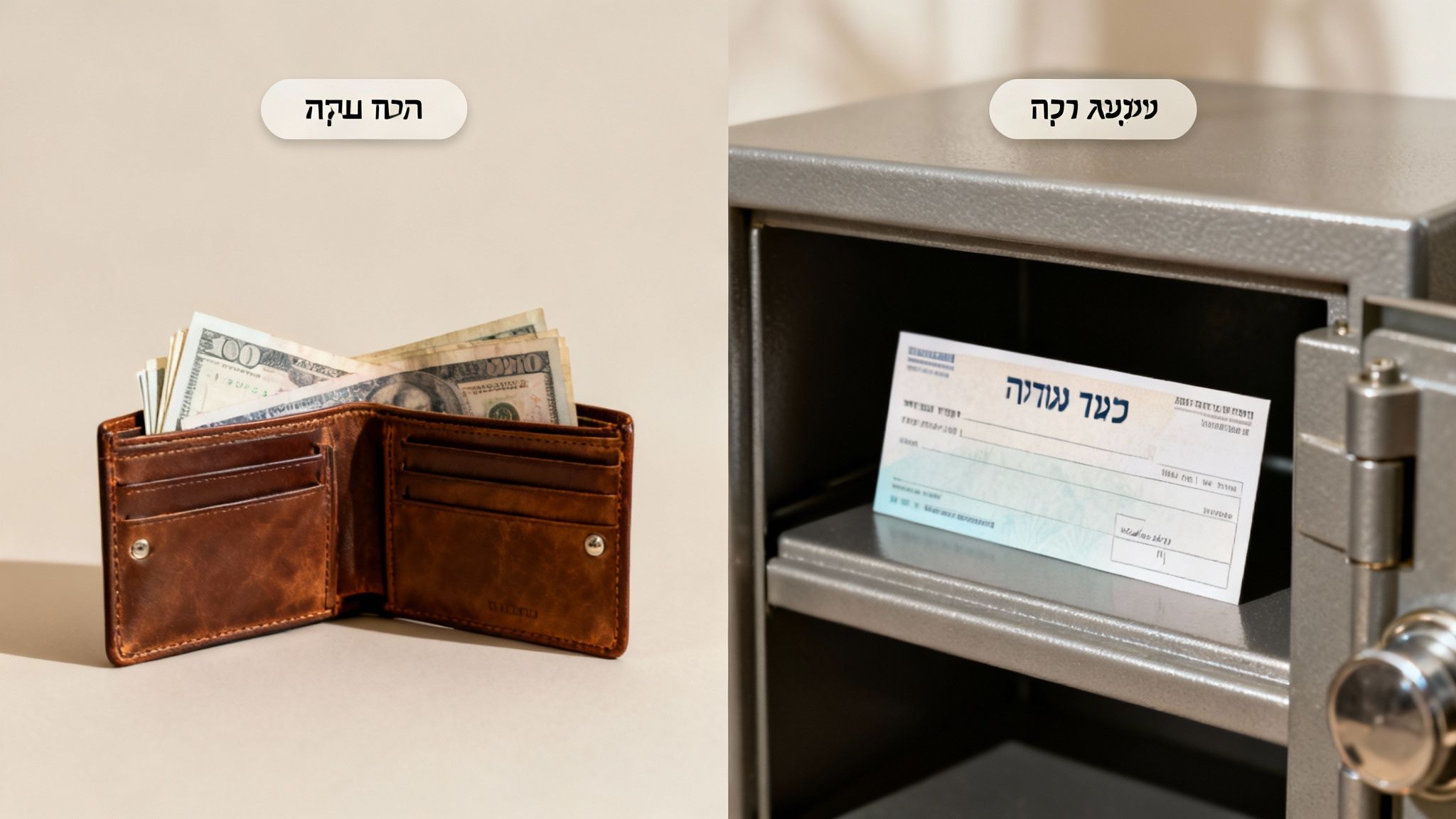 ארנק חום פתוח מלא במזומן מונח לצד כספת כסופה פתוחה ובה צ'ק בנקאי.