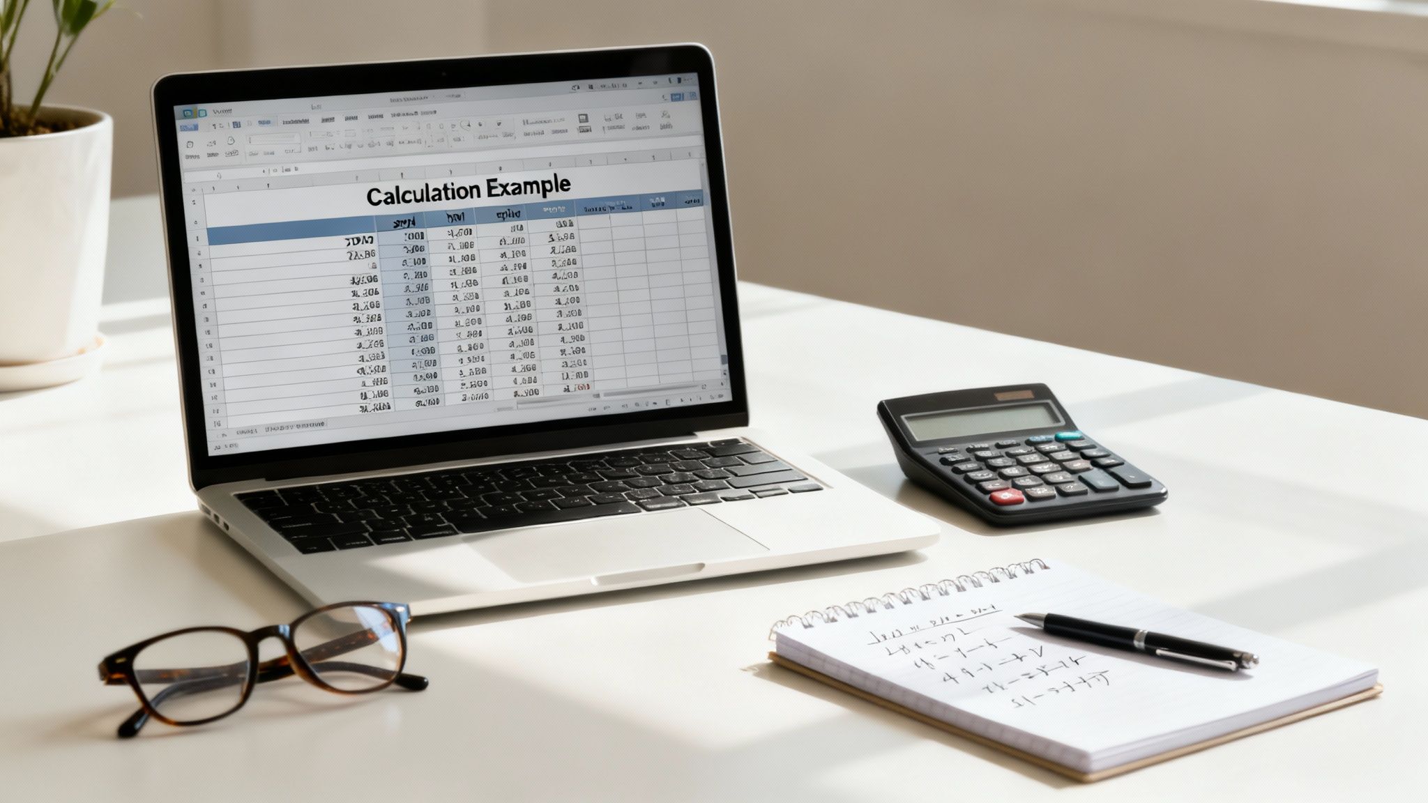 A laptop displays a calculation spreadsheet, next to a calculator, notepad, pen, and eyeglasses on a desk.