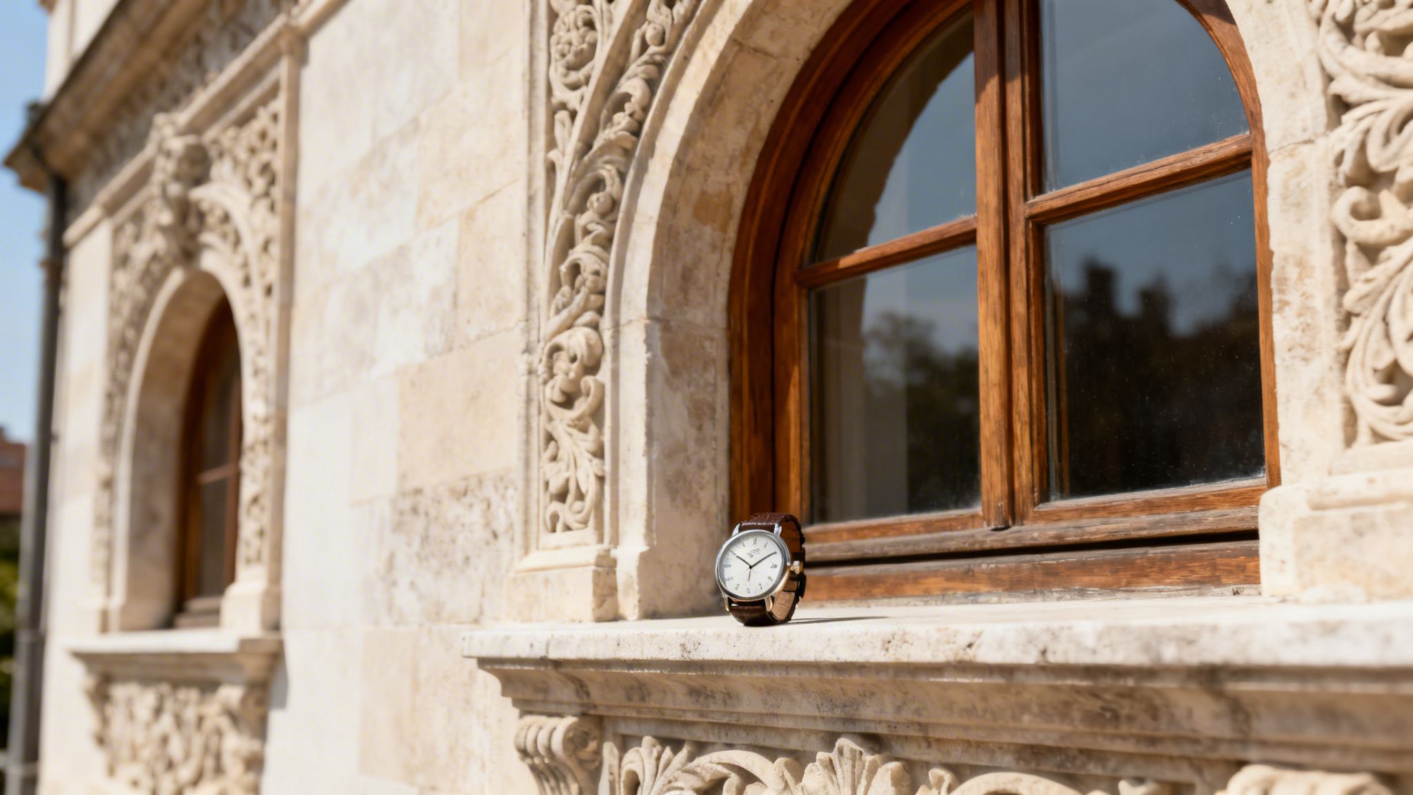 A classic wristwatch rests on a carved stone window ledge of an old, decorative building.