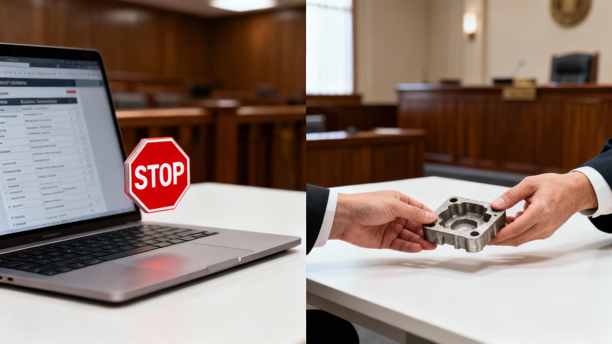 In a courtroom, a laptop with a stop sign, and two hands exchanging a metal component.