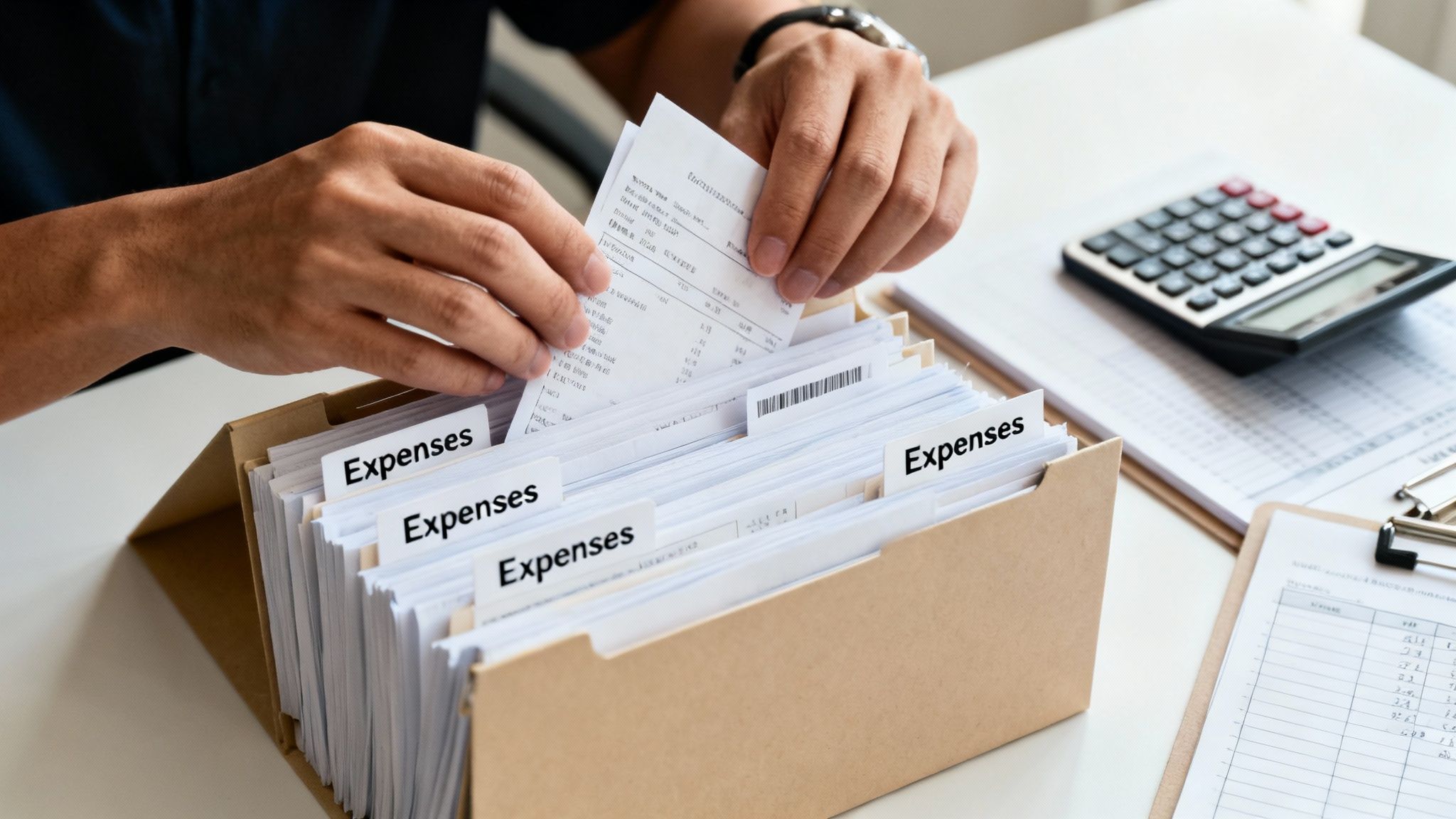 A person's hands organizing numerous receipts into a file box labeled 'Expenses' on a desk.