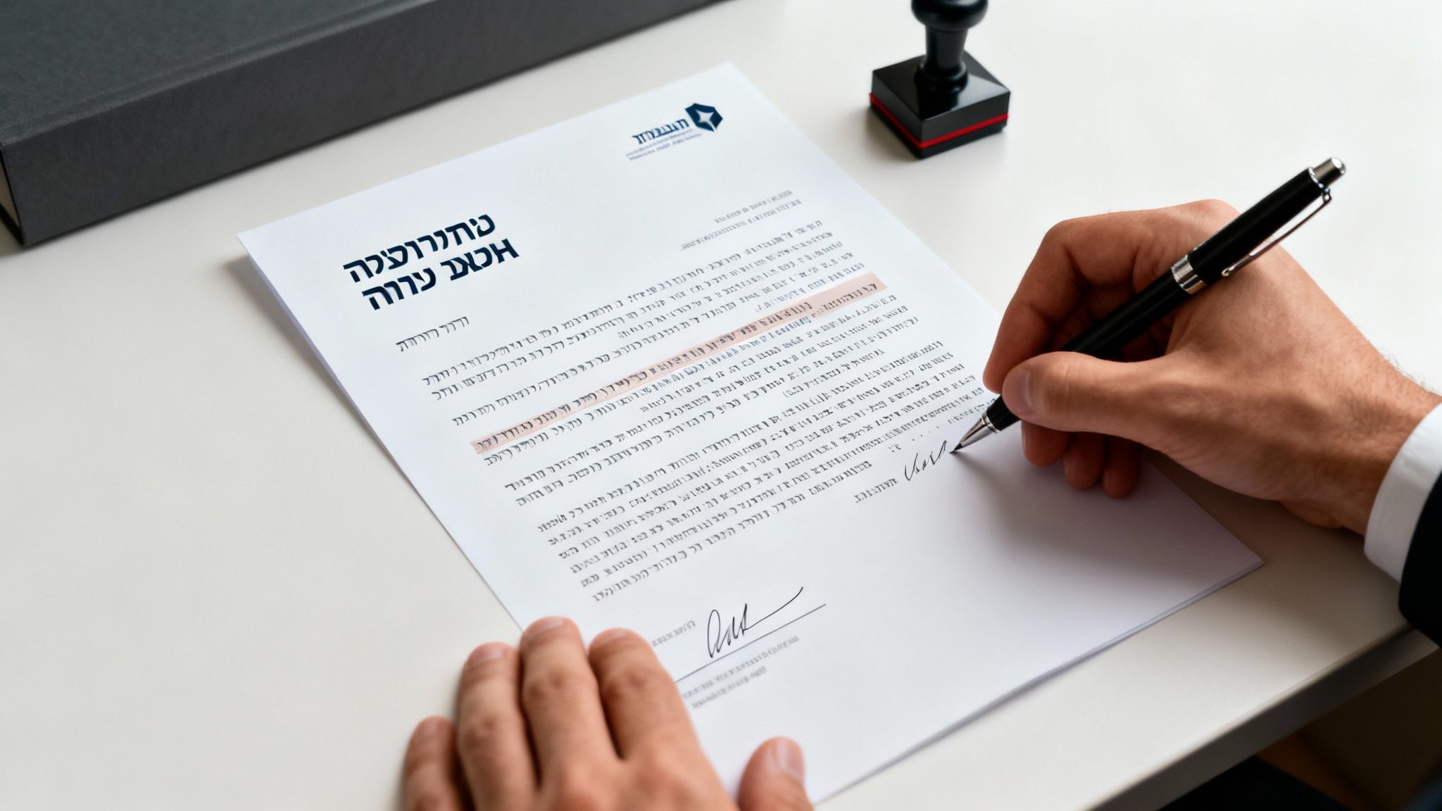 ידיים חותמות על מסמך רשמי בעברית, עם טקסט מודגש. ברקע חותמת משרדית ועט.