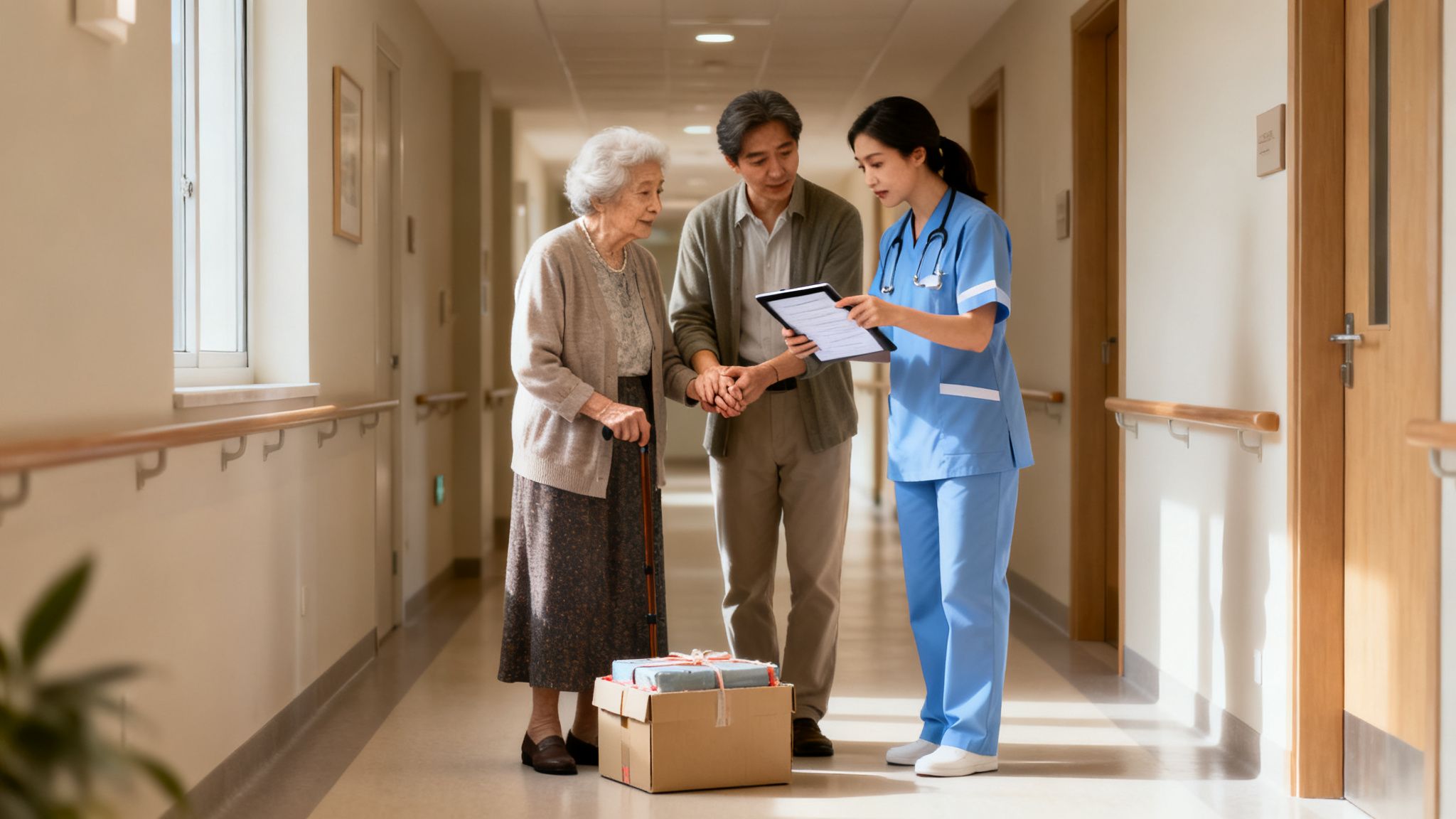 A nurse explains documents on a tablet to an elderly woman and a man in a healthcare facility hallway.
