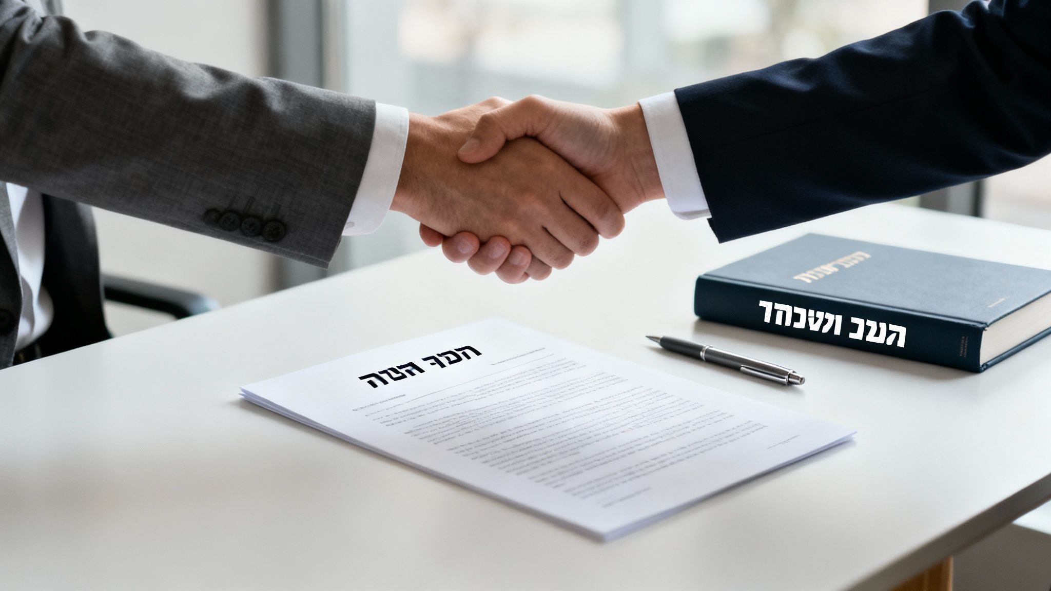 שני אנשי עסקים לוחצים ידיים מעל שולחן משרדי עם מסמך חתום וספר משפטי.