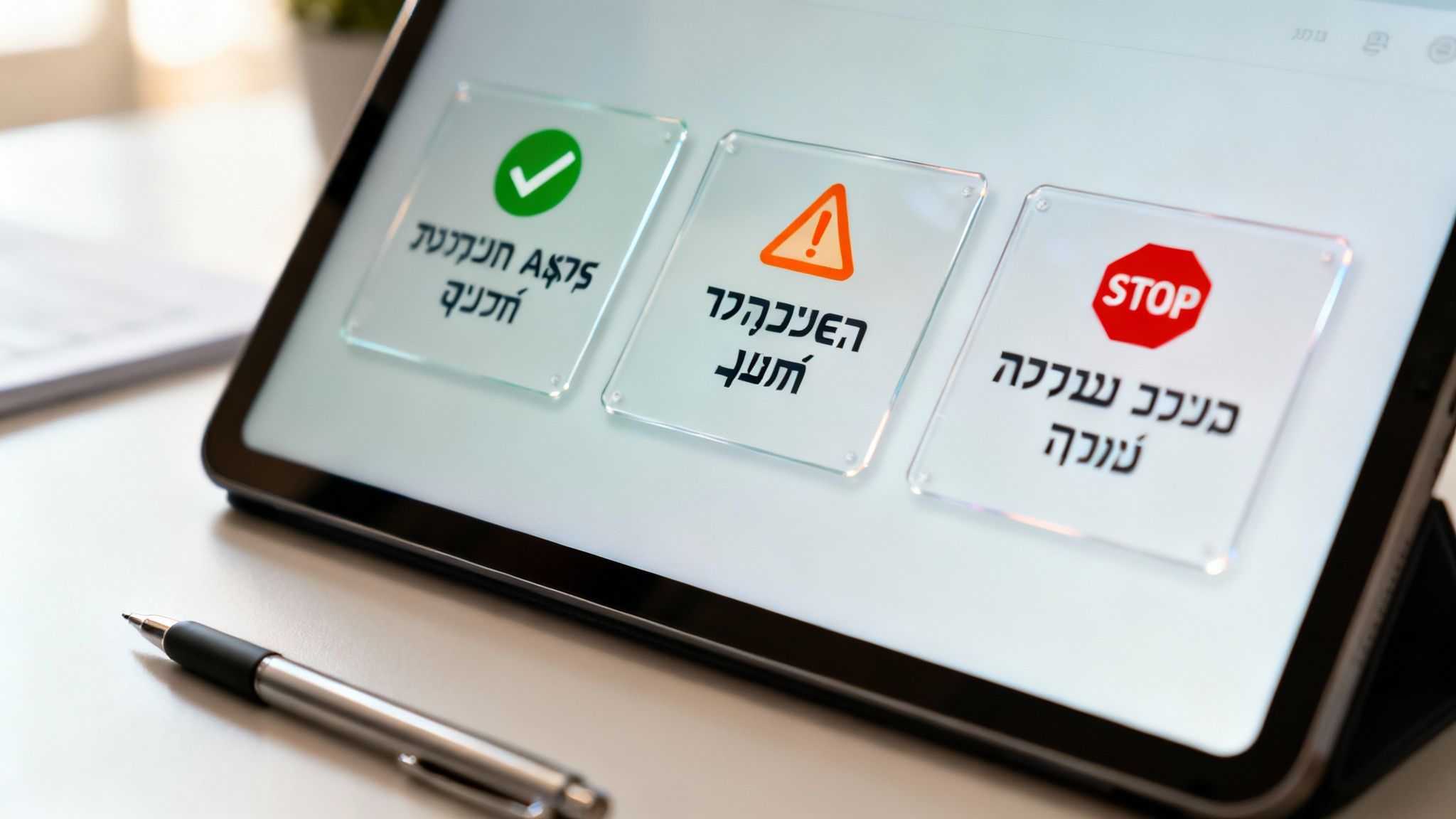 טאבלט מציג מסך עם שלושה לוחות שקופים: אישור פעולה, אזהרה ועצירה, כנראה לגבי מצב חשבון בנק.