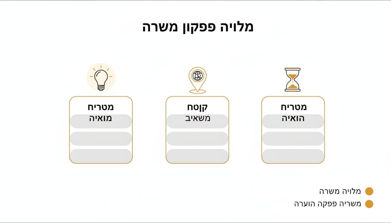 תרשים סכמטי עם הכותרת 'מלווה פפקון משרה', מציג שלושה קונספטים עם אייקונים וטקסט.
