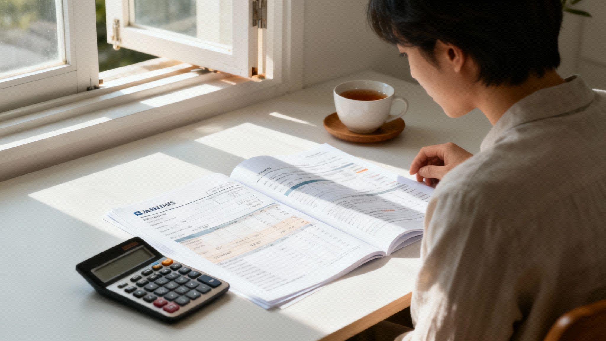 אדם בוחן מסמכים פיננסיים על שולחן מואר ליד חלון עם מחשבון וכוס תה.