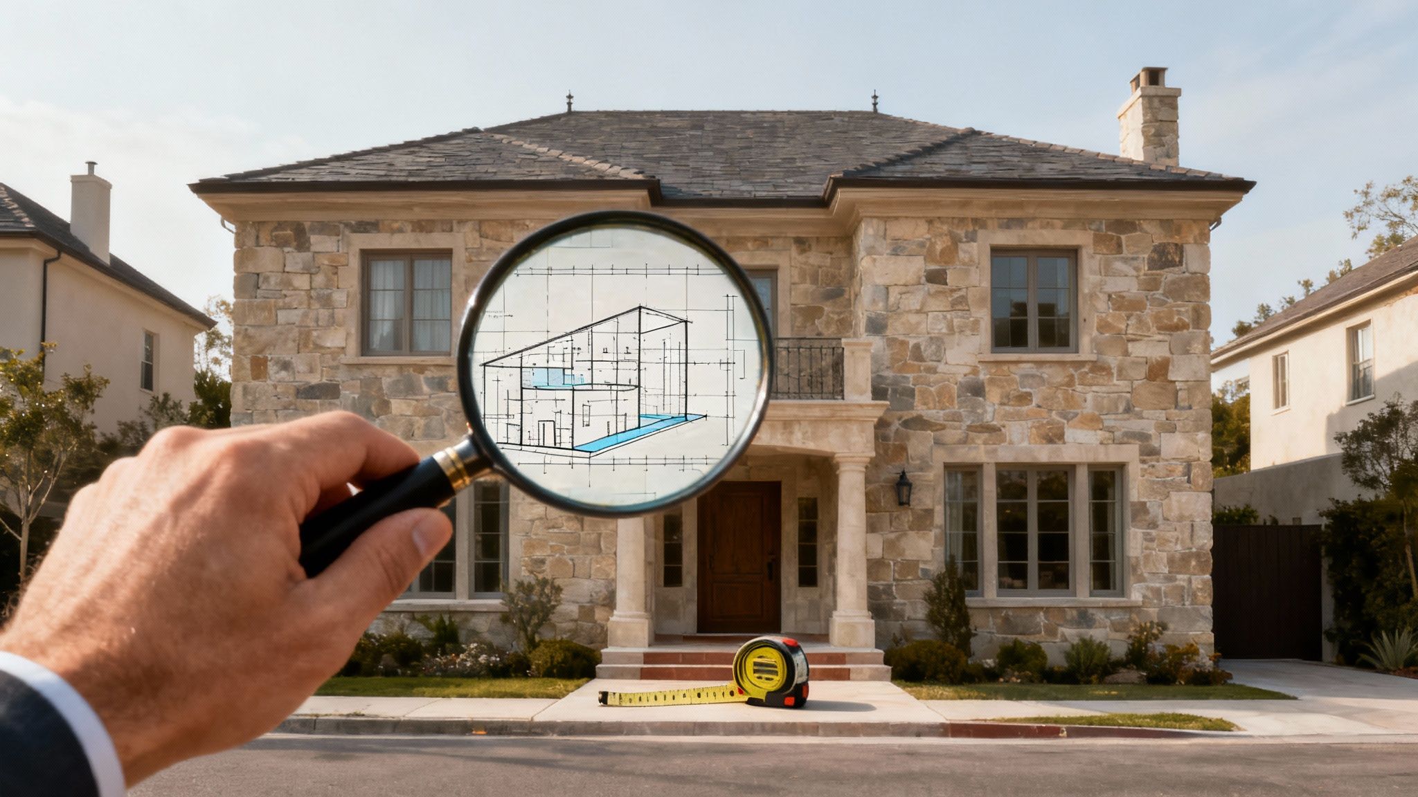 A hand holds a magnifying glass revealing a house blueprint over a luxury stone house with a measuring tape.