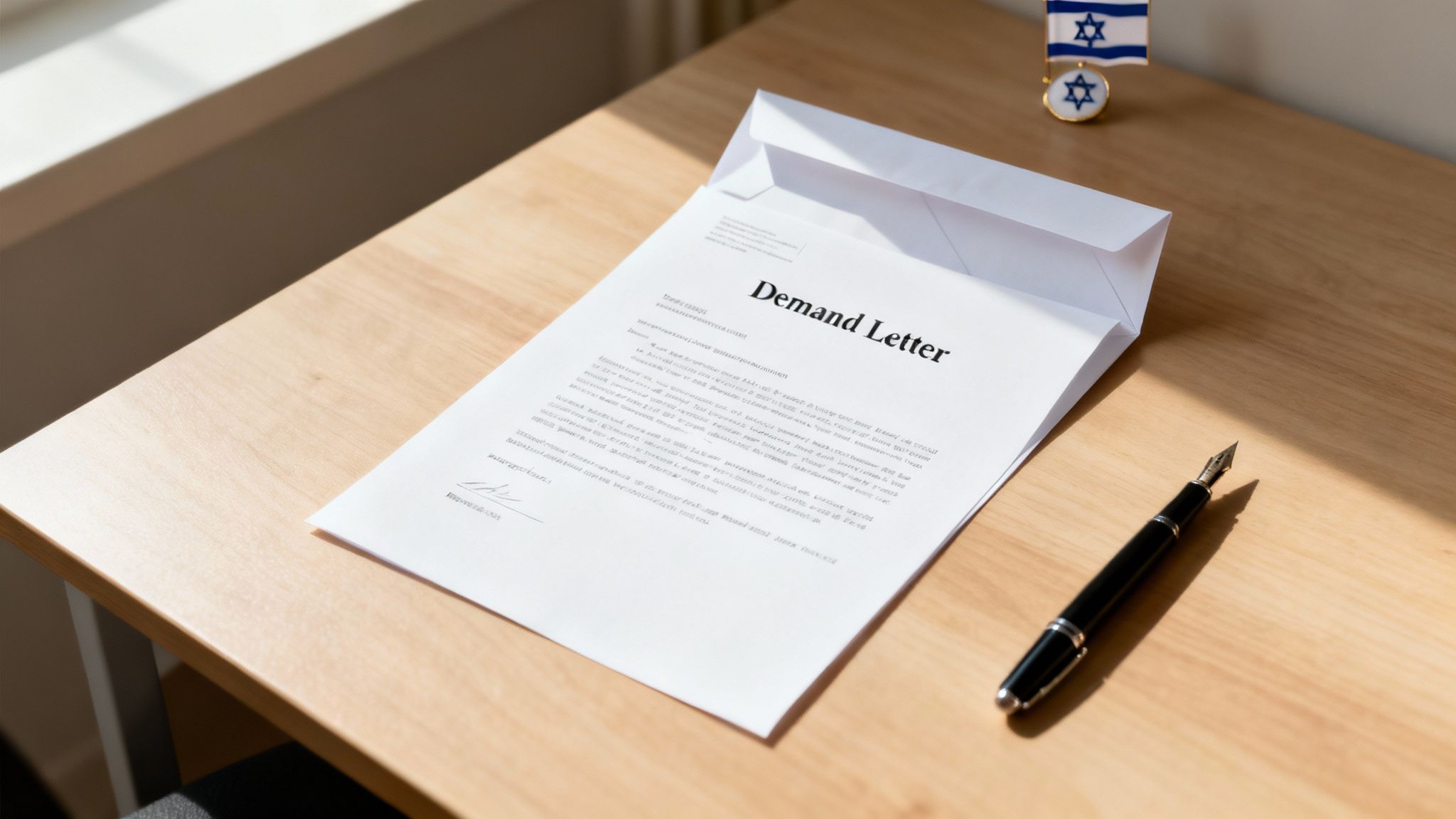 A demand letter from an envelope on a wooden desk with a fountain pen and an Israeli flag.