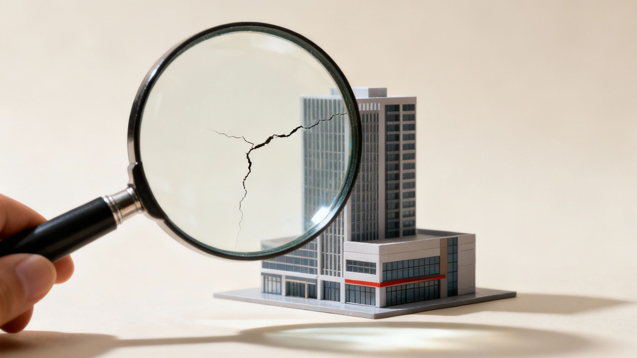 A hand holds a magnifying glass over a model building, revealing a crack, symbolizing property defects.