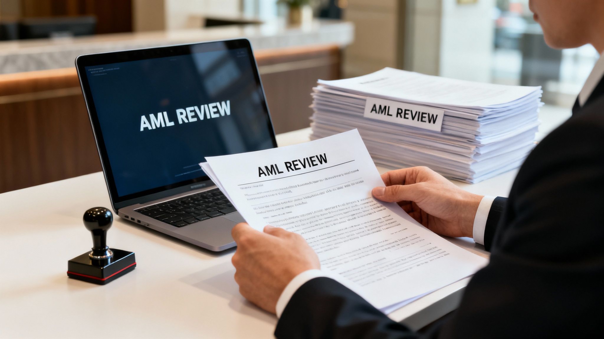 A person in suit reviews AML (Anti-Money Laundering) documents at a desk with a laptop and a stamp.