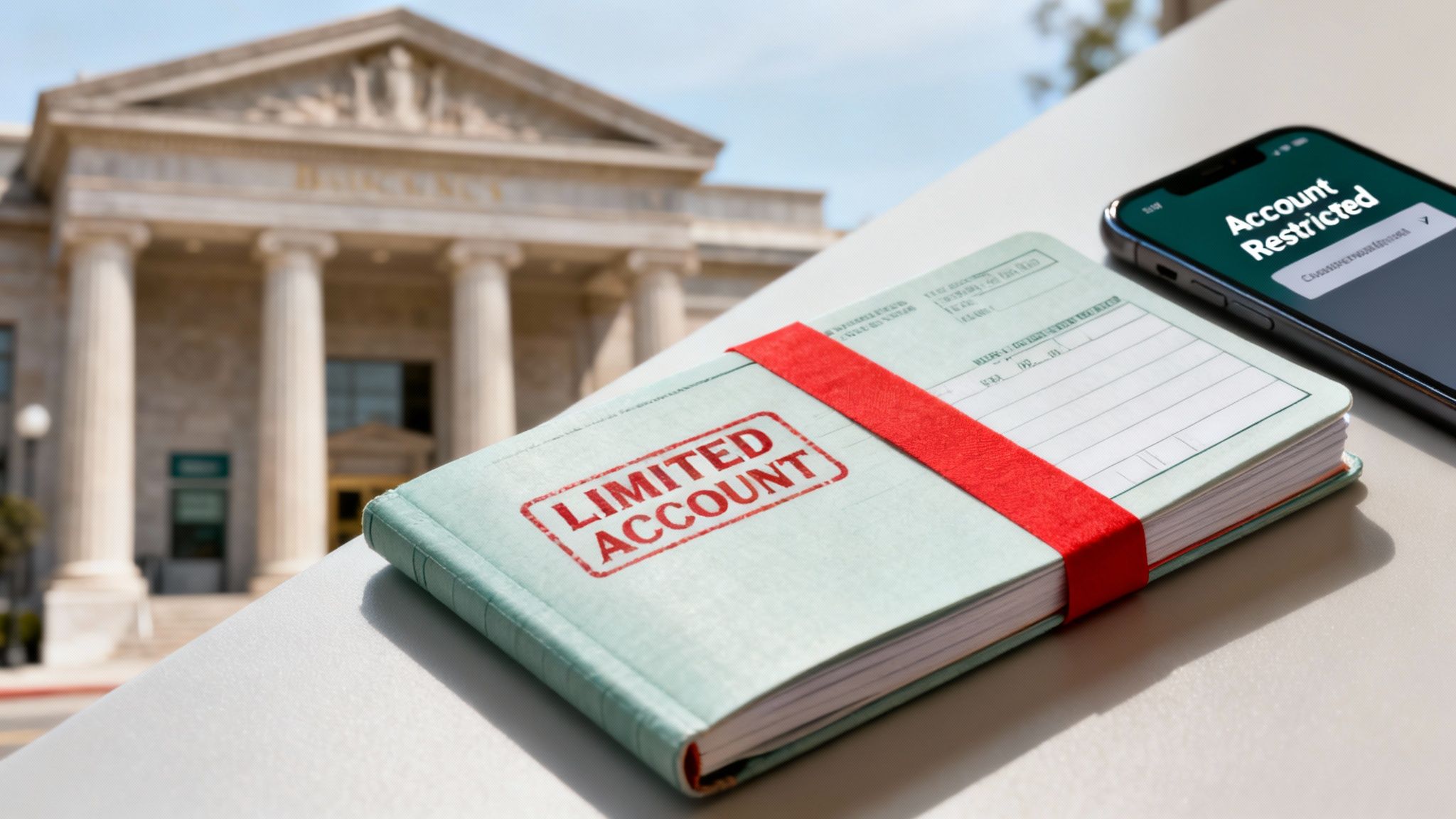 A passbook labeled 'Limited Account' and a smartphone showing 'Account Restricted' in front of a bank.