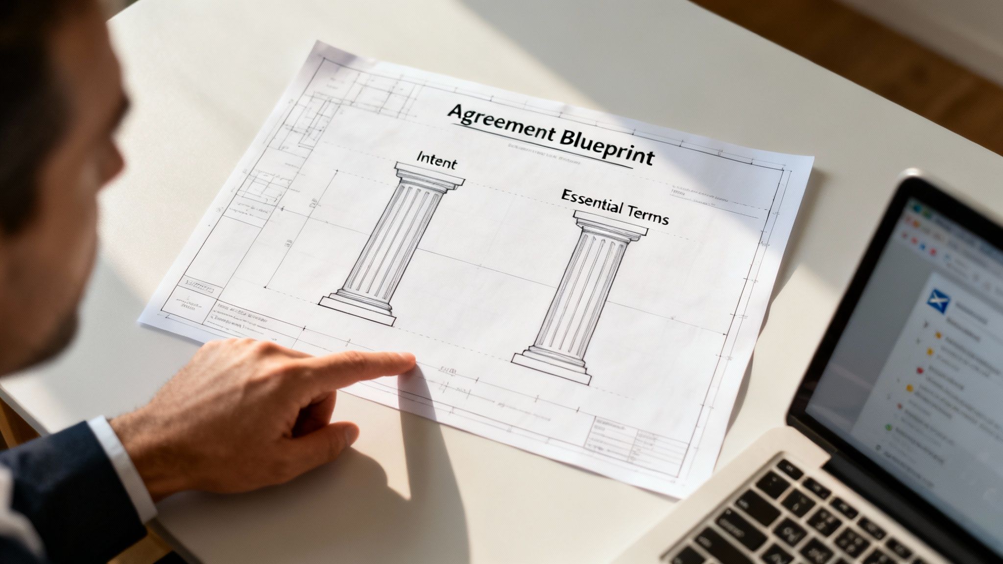 A man studies an 'Agreement Blueprint' showing 'Intent' and 'Essential Terms' pillars on a desk with a laptop.