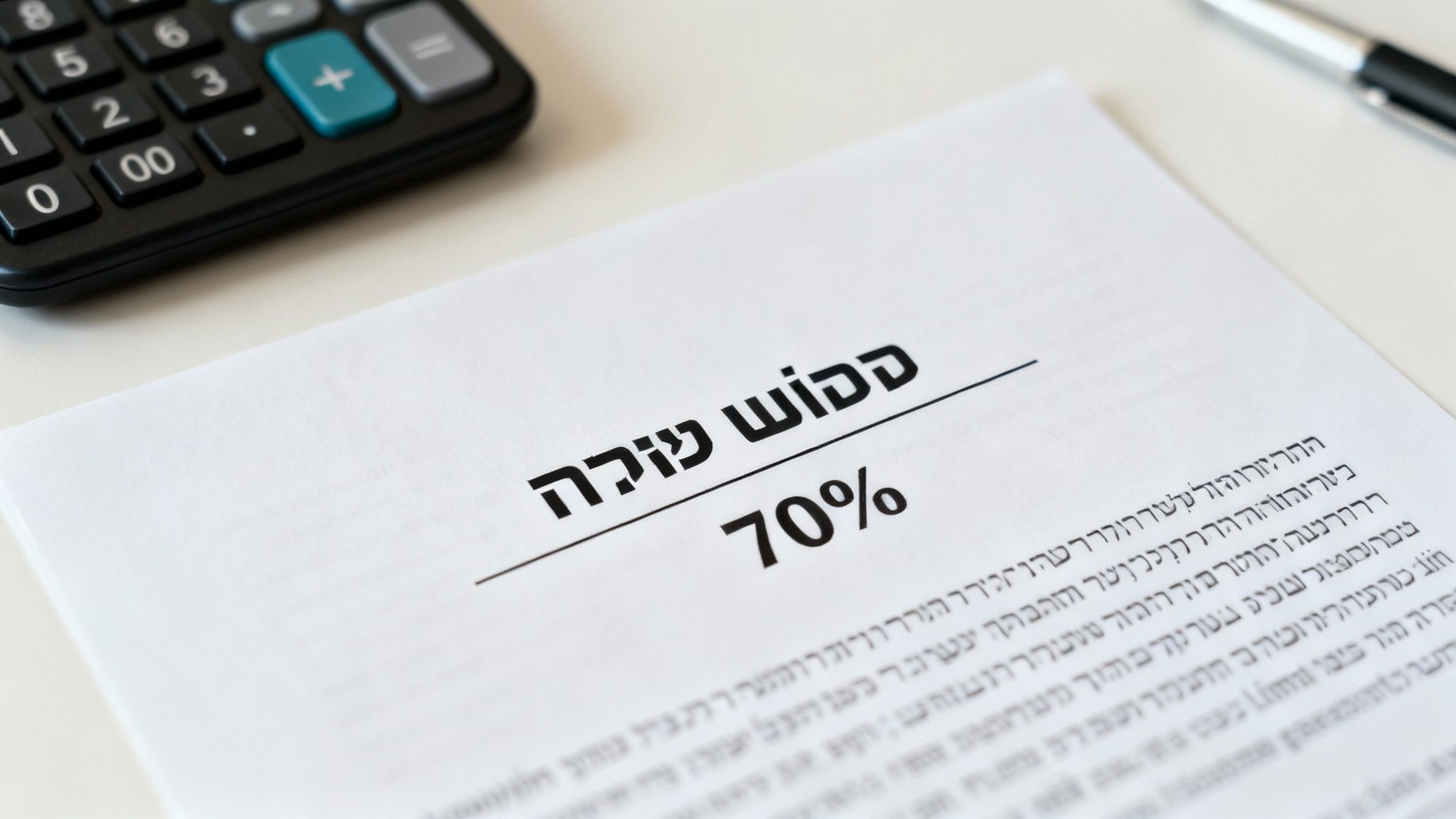 מסמך עם כיתוב בעברית המציג 70% מודפס גדול, לצד מחשבון ועט על שולחן בהיר. מתאים לנושאים פיננסיים.
