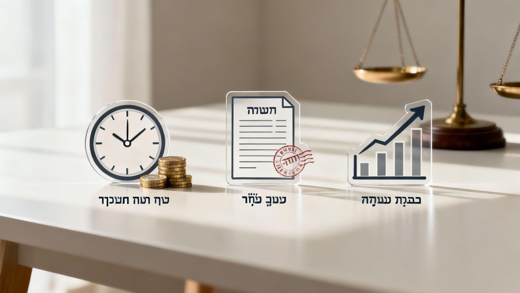 איור של שעון, מטבעות, מסמך משפטי עם חותמת וגרף צמיחה, עם מאזני צדק ברקע.