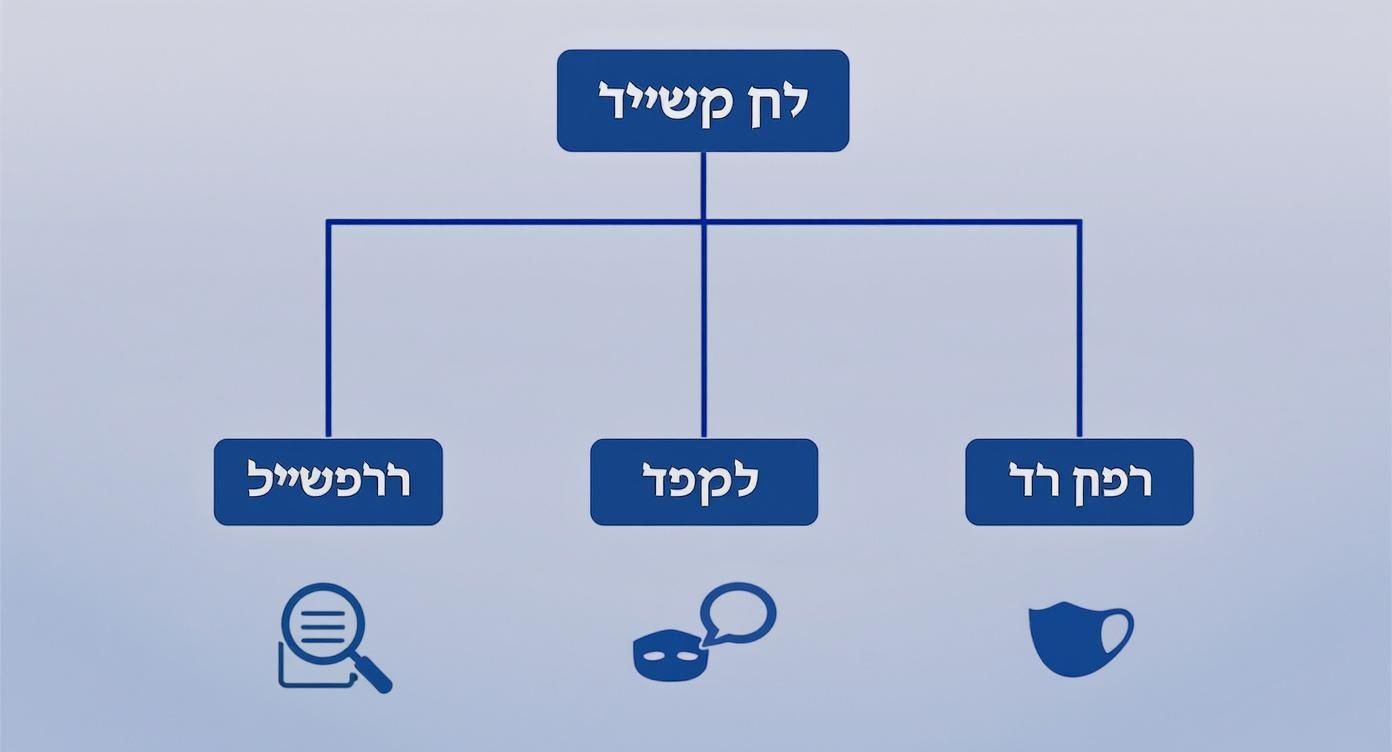 תרשים היררכי המציג את לוח הקשייד עם שלושה ענפים: דורפשייל, למקפד ורפח רד, כולל אייקונים מתאימים