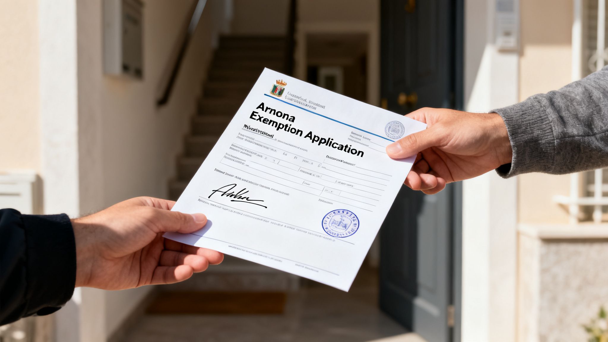 Close-up of two hands exchanging an official 'Arnona Exemption Application' form outdoors.