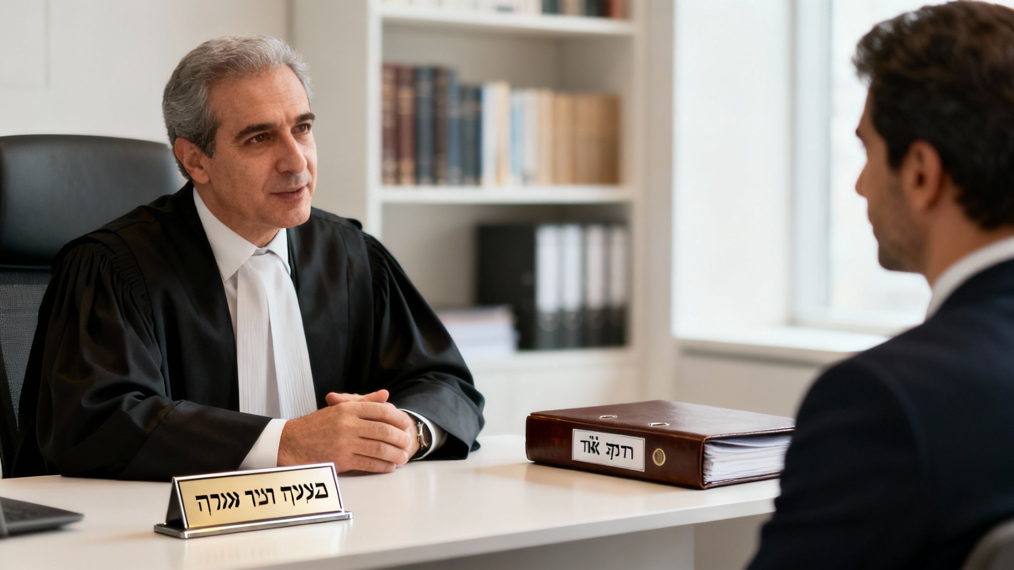 שני גברים, עורך דין ולקוח, יושבים ושוחחים במשרד עורכי דין.