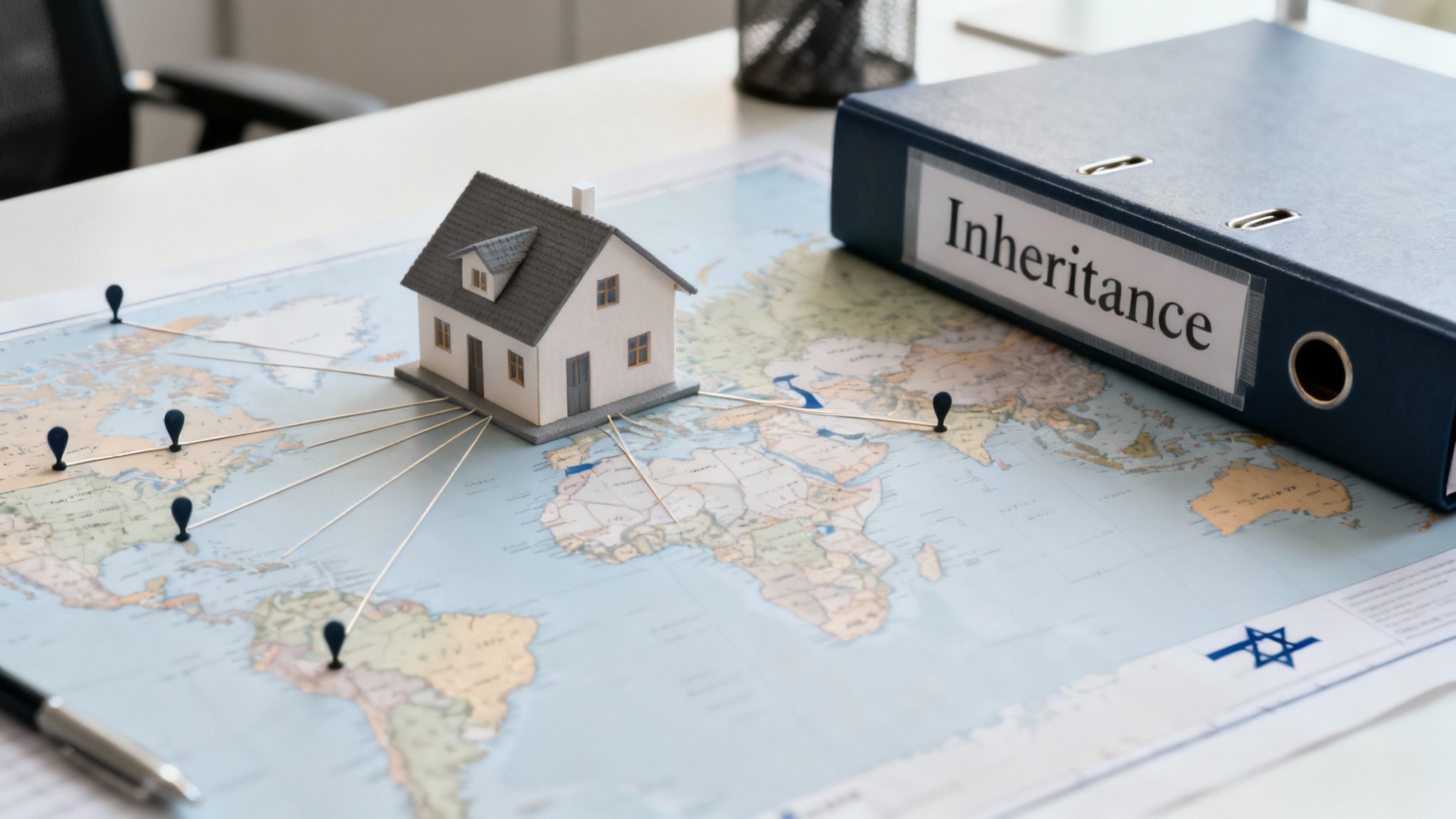 A model house on a world map illustrates international property inheritance, with a dedicated "Inheritance" binder.